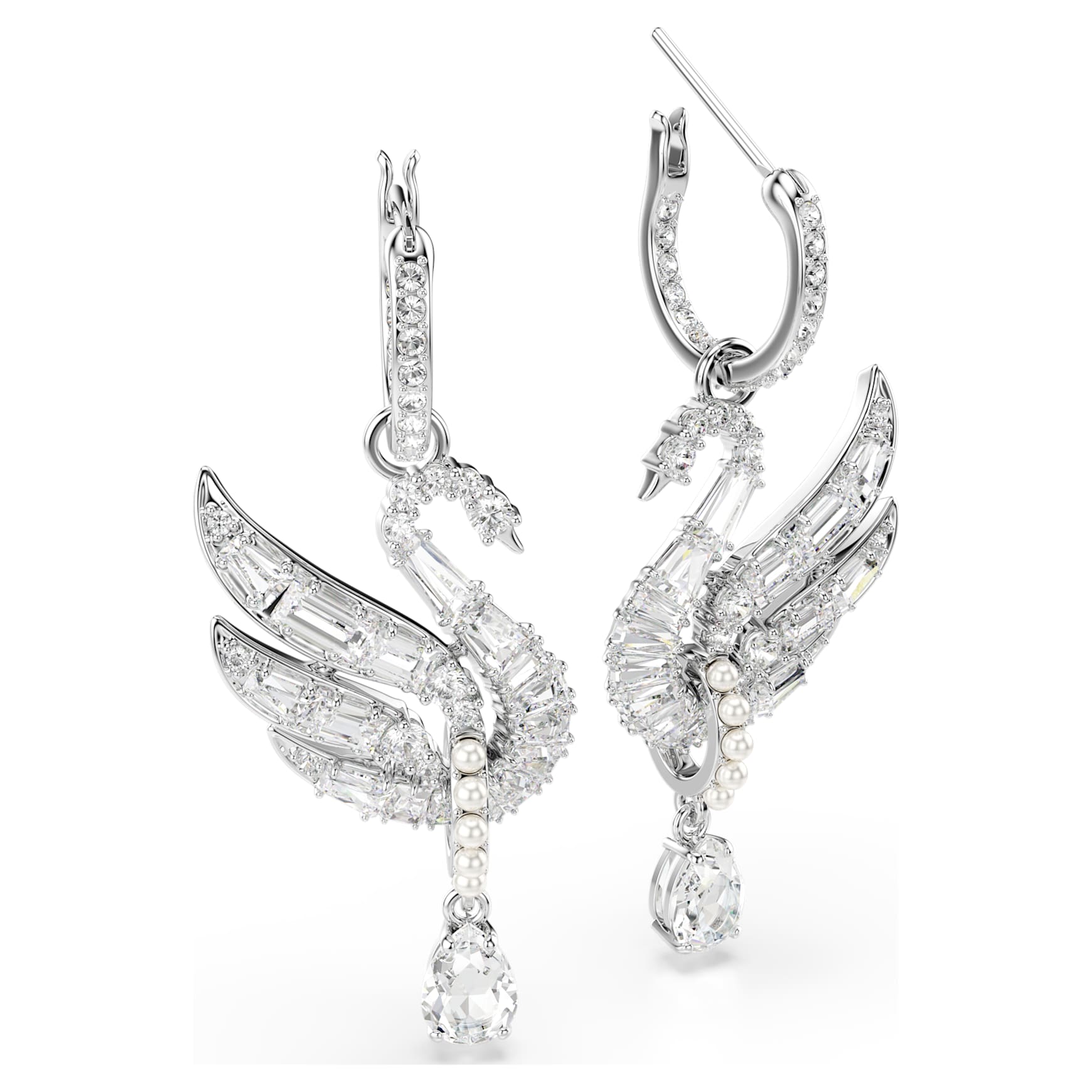 Swan earrings, Swan, White, Rhodium plated by SWAROVSKI
