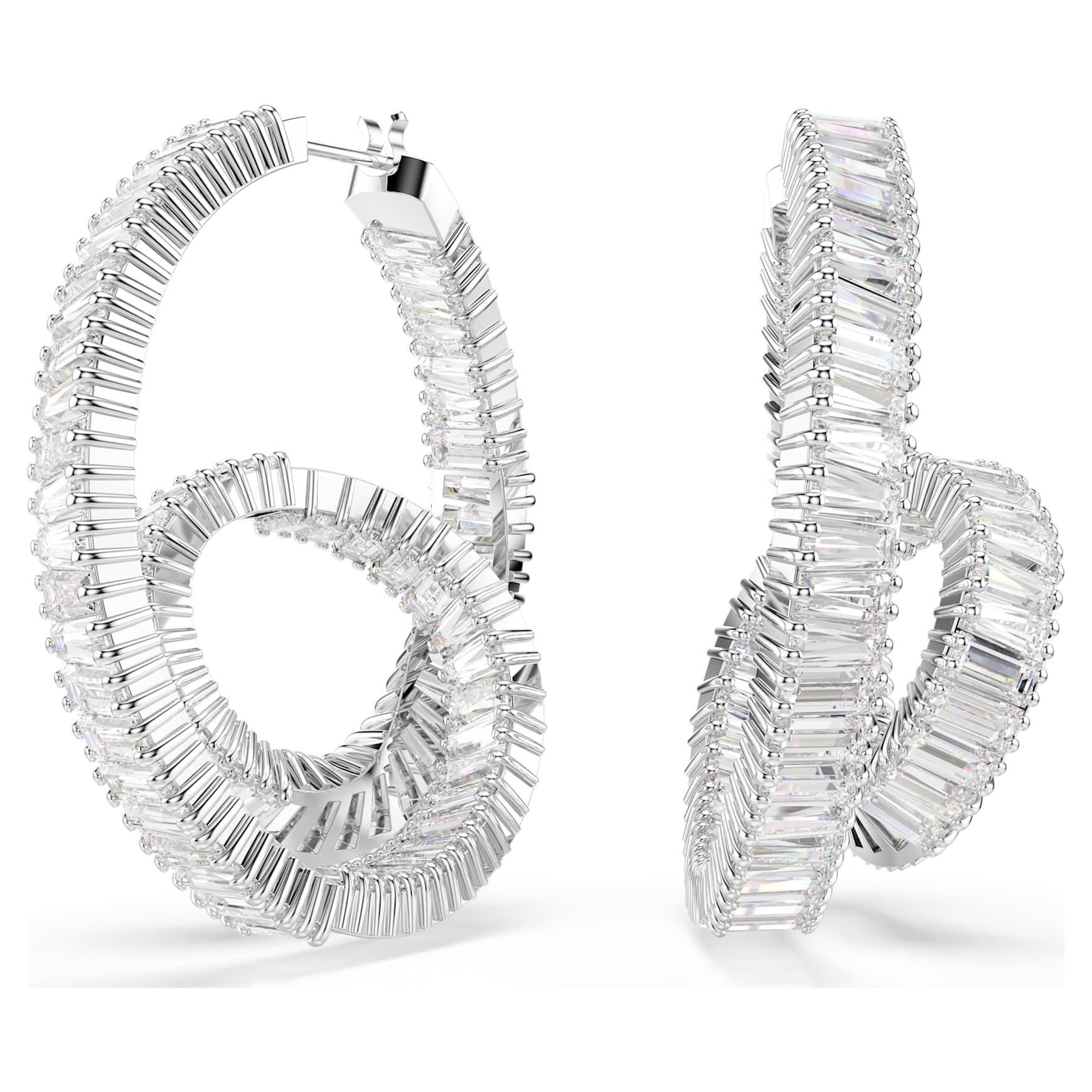 Matrix hoop earrings, Baguette cut, Ribbon, White, Rhodium plated by SWAROVSKI
