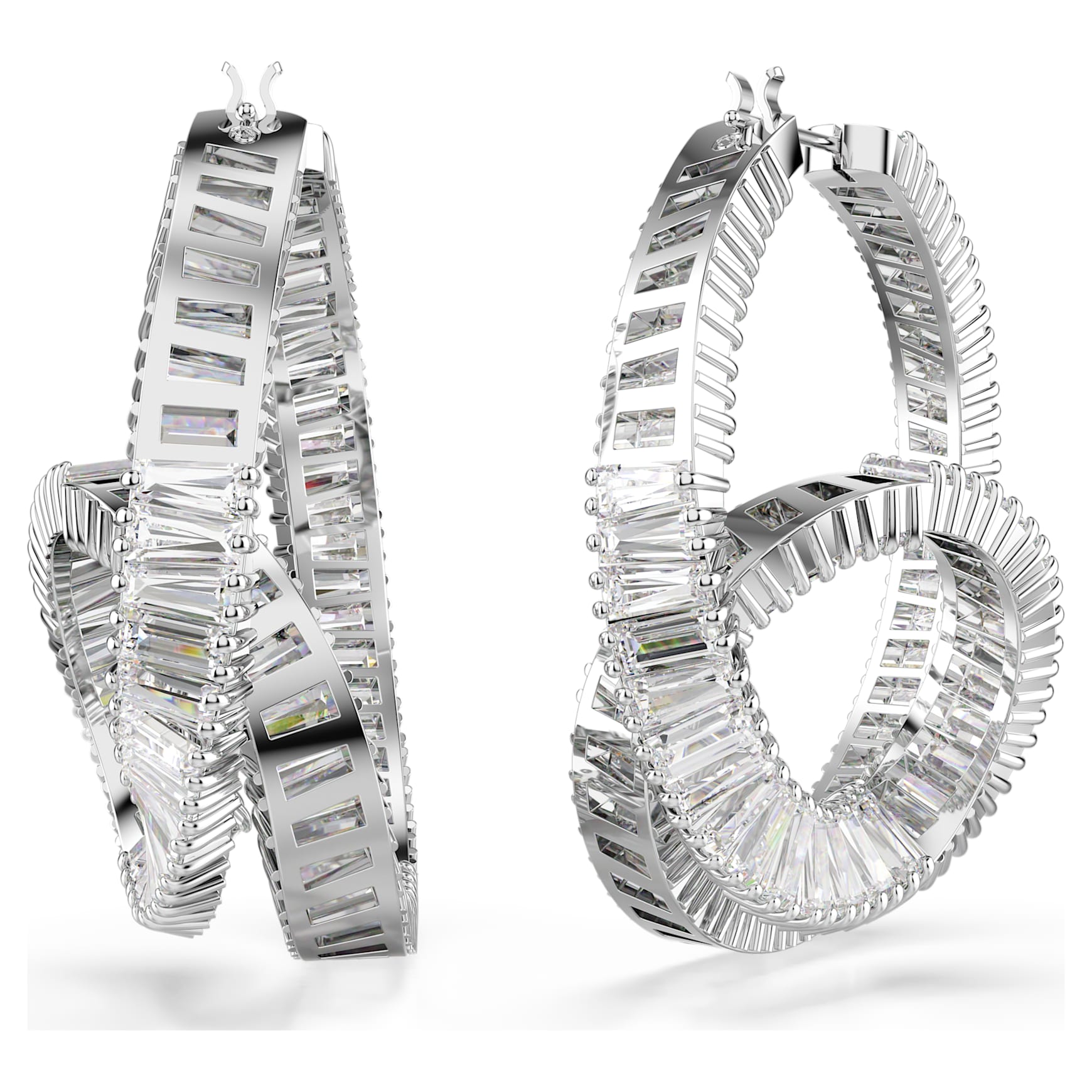 Matrix hoop earrings, Baguette cut, Ribbon, White, Rhodium plated by SWAROVSKI