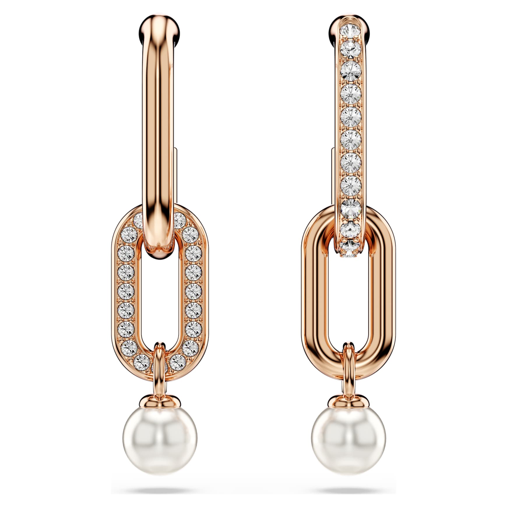 Constella drop earrings, Crystal pearl, Round cut, White, 18K rose gold finish