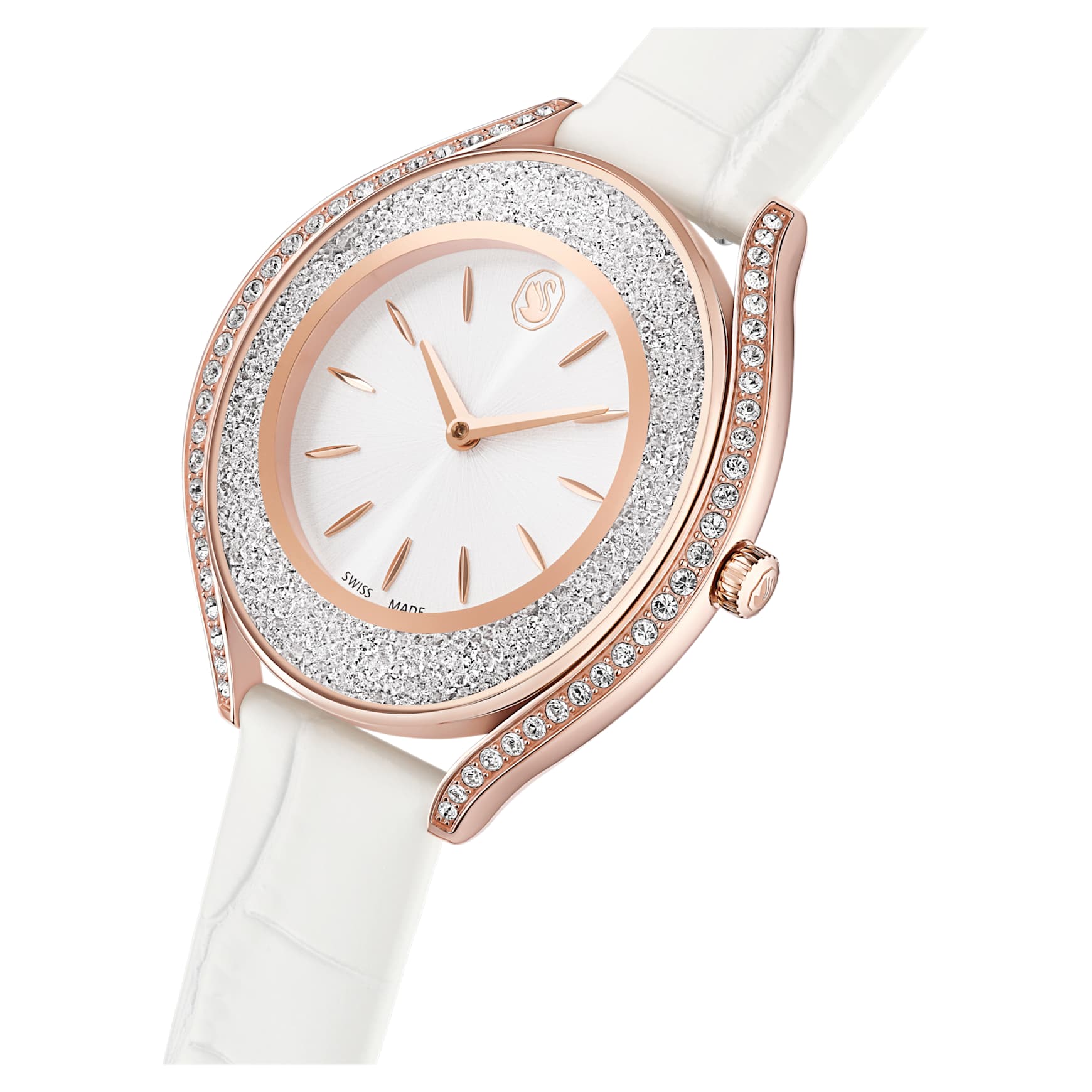 Crystalline aura watch, Swiss Made, Leather strap, White, Rose gold-tone finish by SWAROVSKI