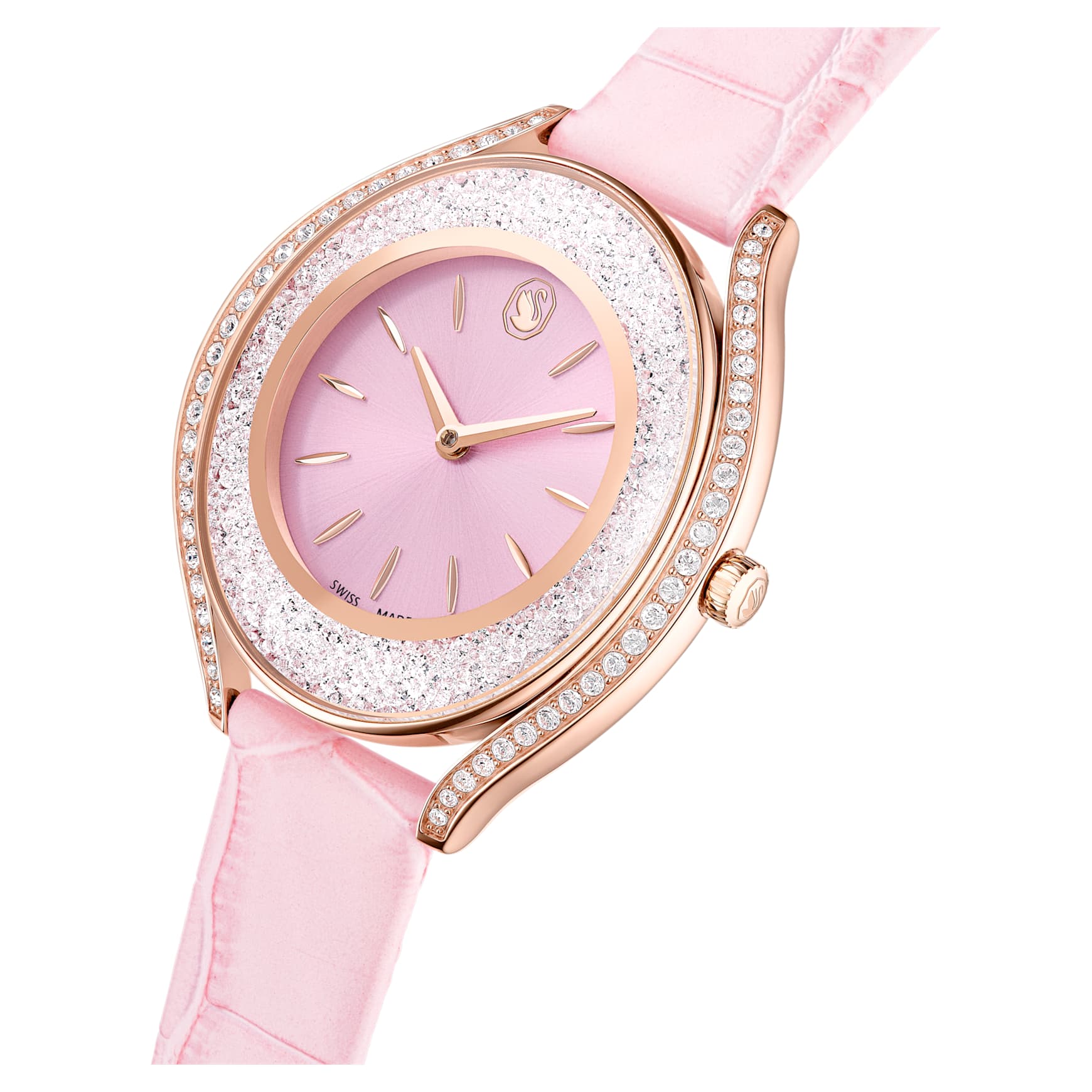 Crystalline aura watch, Swiss Made, Leather strap, Pink, Rose gold-tone finish by SWAROVSKI
