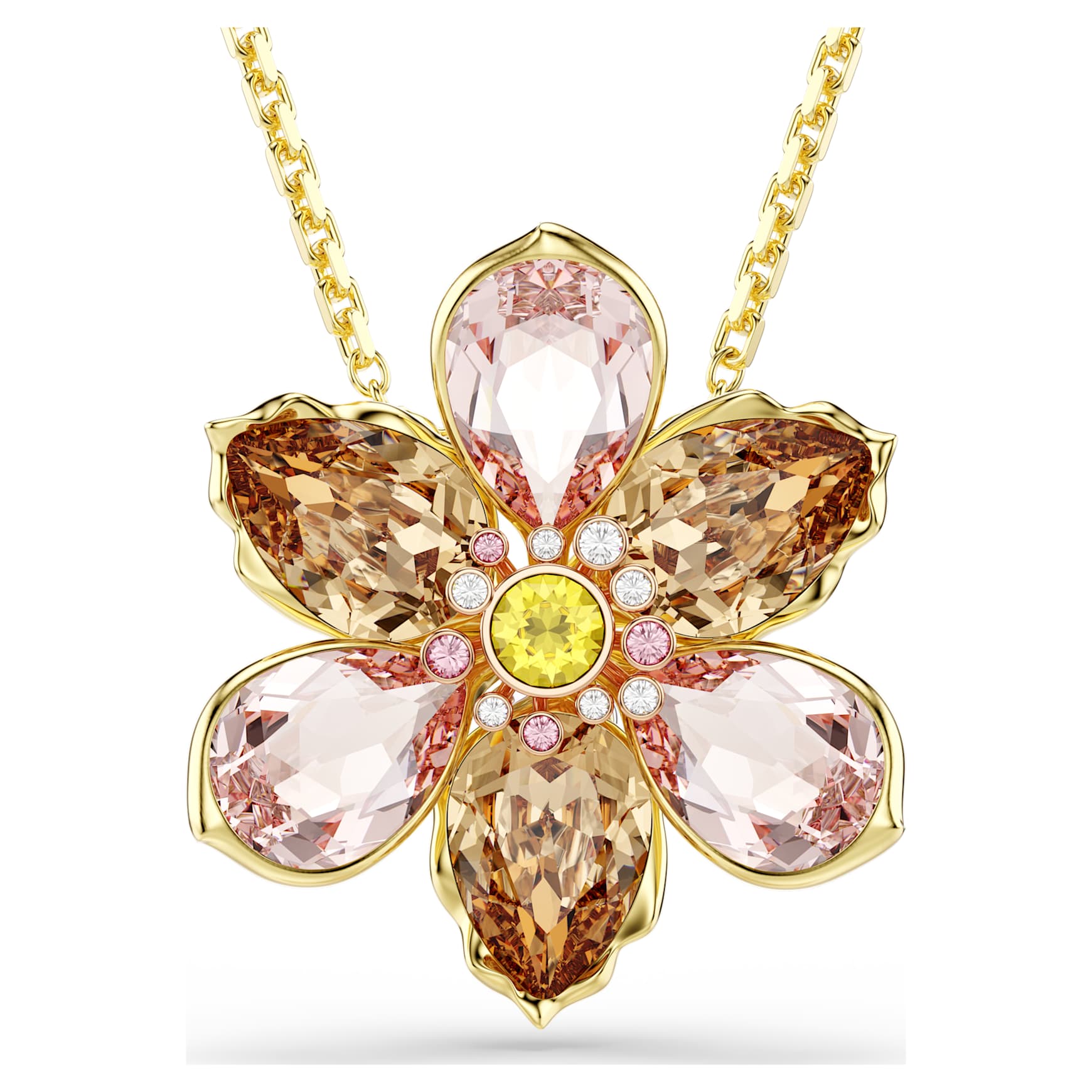 Idyllia pendant and brooch, Mixed cuts, Flower, Multicoloured, 18K gold finish