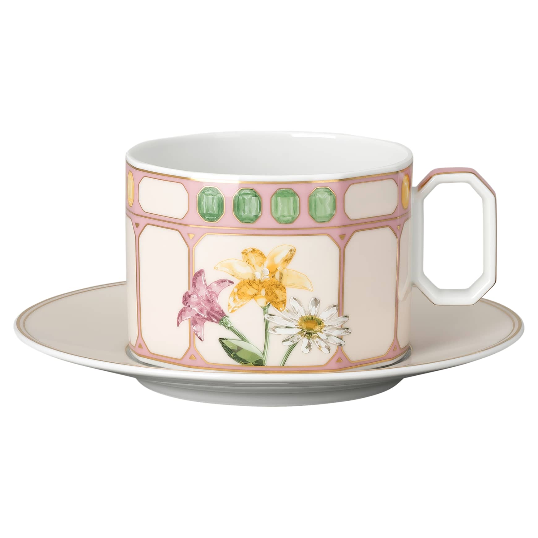 Idyllia combi cup with saucer, Porcelain, Crystal print motif, bouquet, Multicoloured by SWAROVSKI