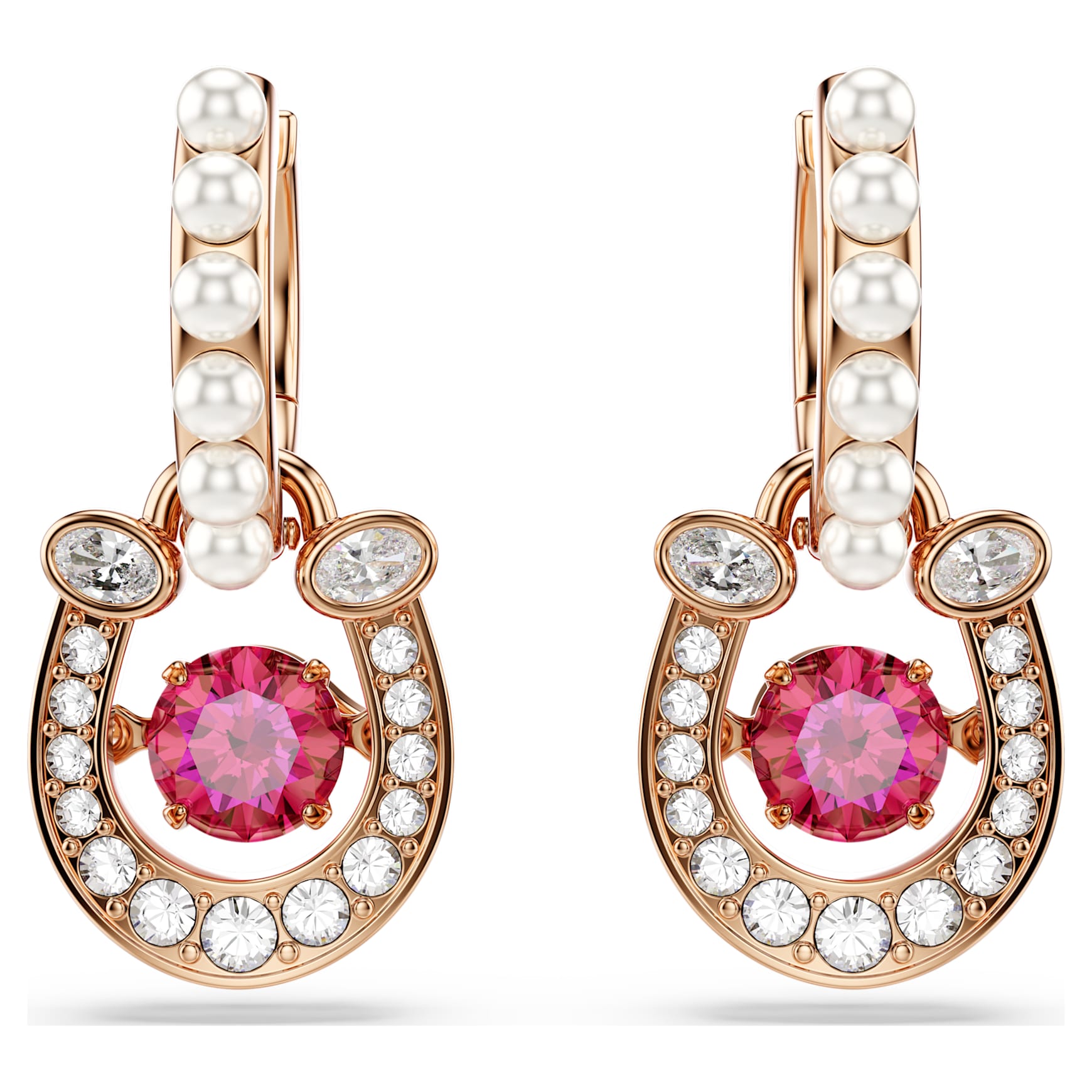 Symbolica drop earrings, Crystal pearl, Round cut, Pavé, Horse shoe, Red, 18K rose gold finish