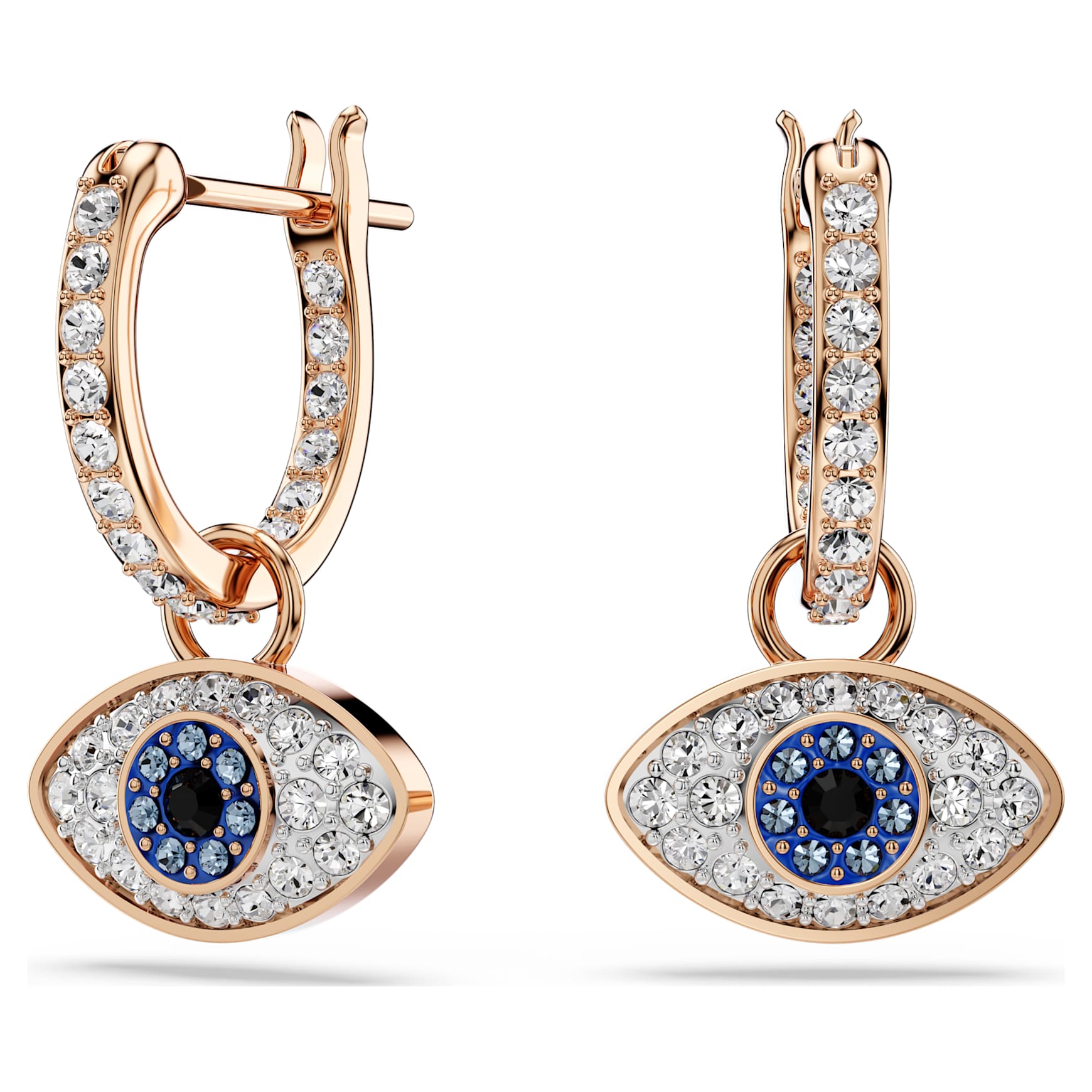 Symbolica drop earrings, Evil eye, Small, Blue, 18K rose gold finish