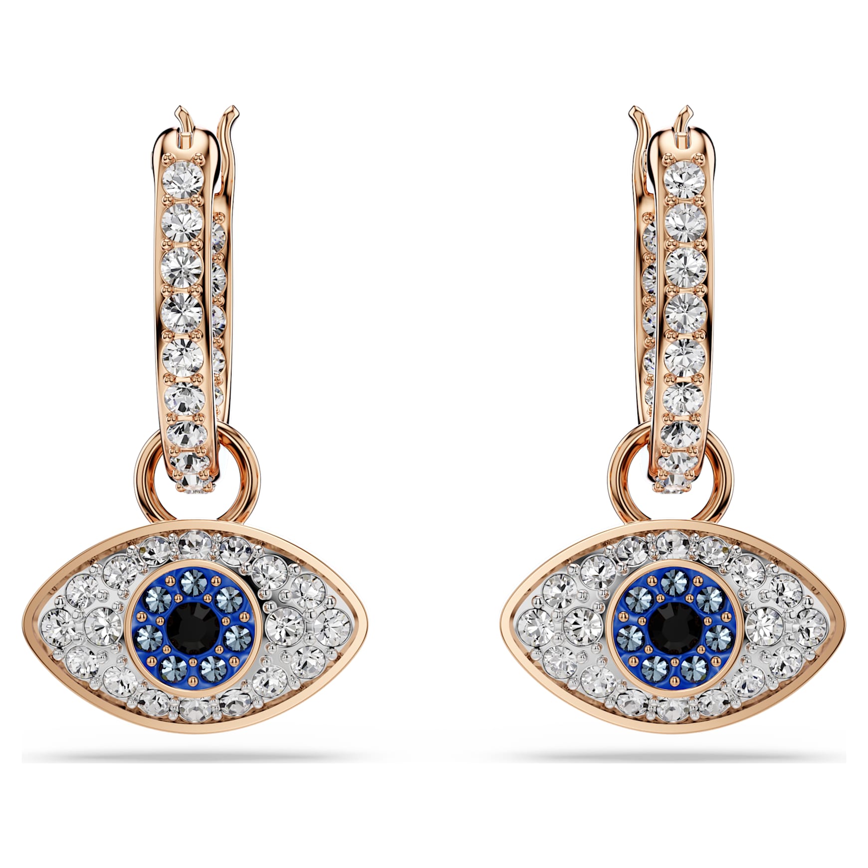 Symbolica drop earrings, Evil eye, Small, Blue, 18K rose gold finish