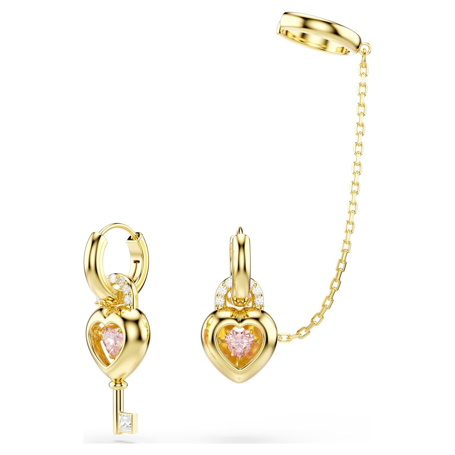 Idyllia drop earrings with ear cuff, Mixed cuts, Heart with key, Pink, 18K gold finish