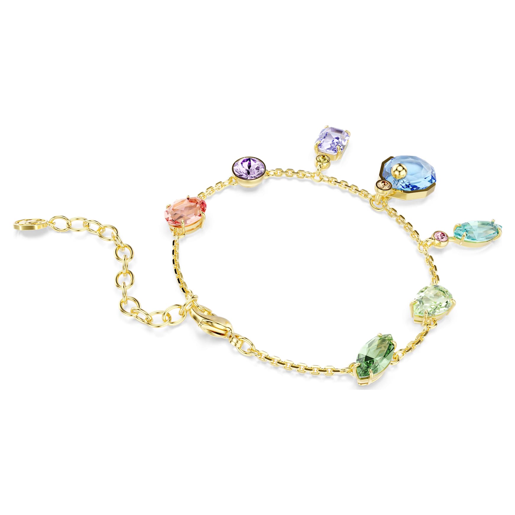 Gema bracelet, Mixed cuts, Dangling crystals, Multicoloured, 18K gold finish
