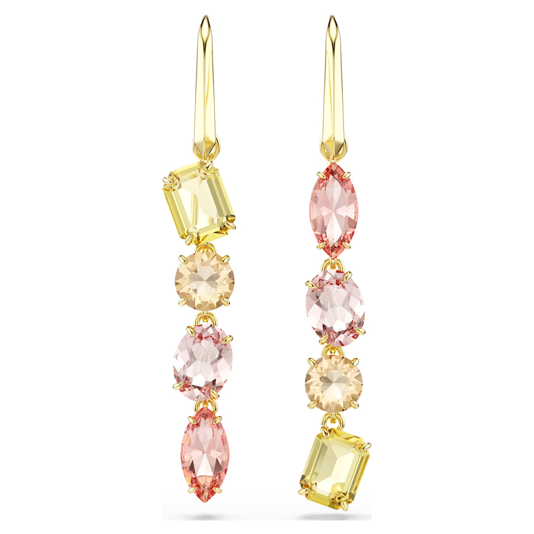 Gema drop earrings, Asymmetrical design, Mixed cuts, Pink, Gold-tone plated by SWAROVSKI