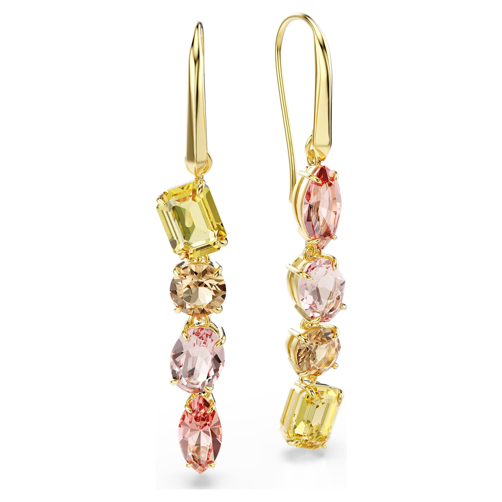 Gema drop earrings, Asymmetrical design, Mixed cuts, Pink, 18K gold finish