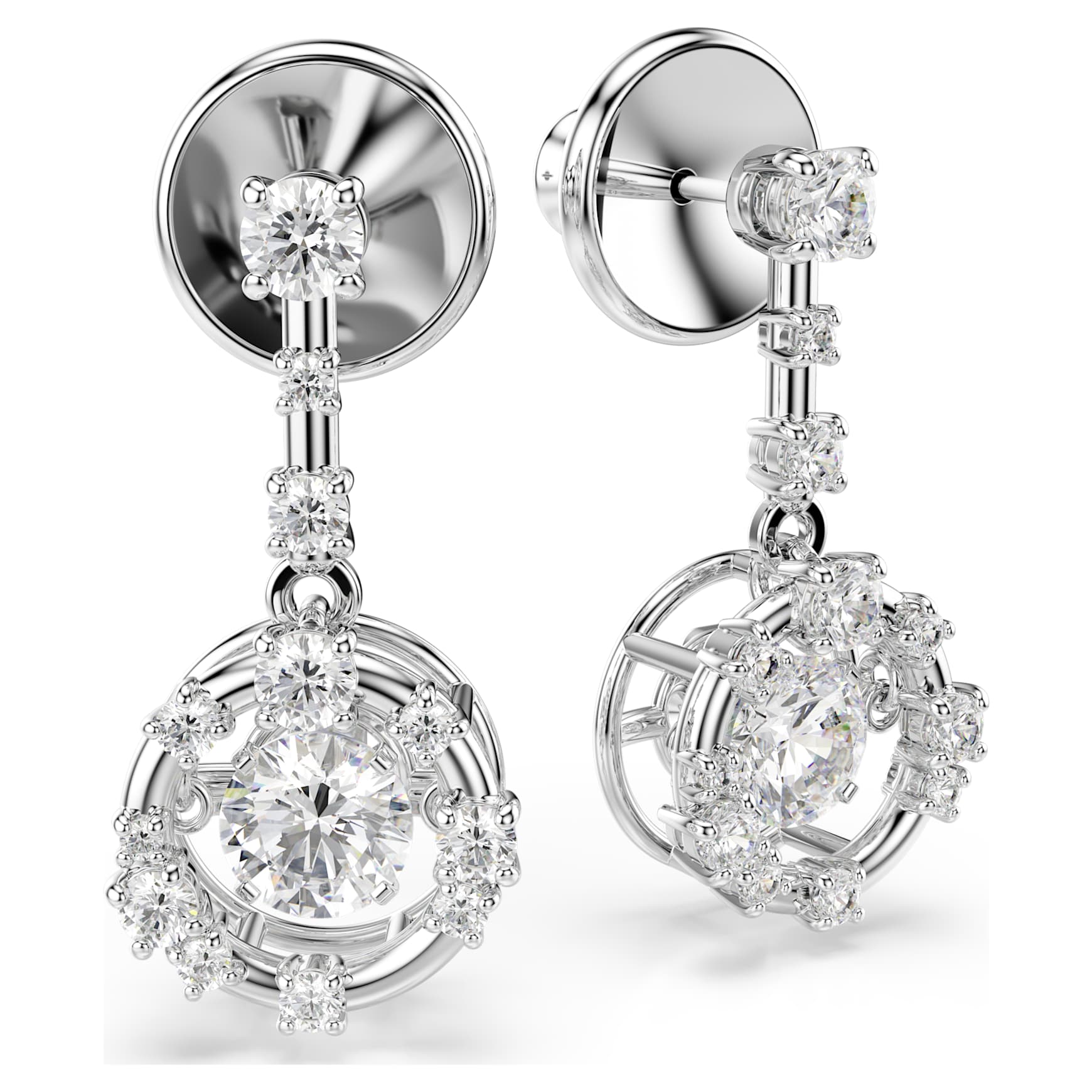Constella drop earrings, Round cut, Dancing stone, White, Rhodium plated by SWAROVSKI