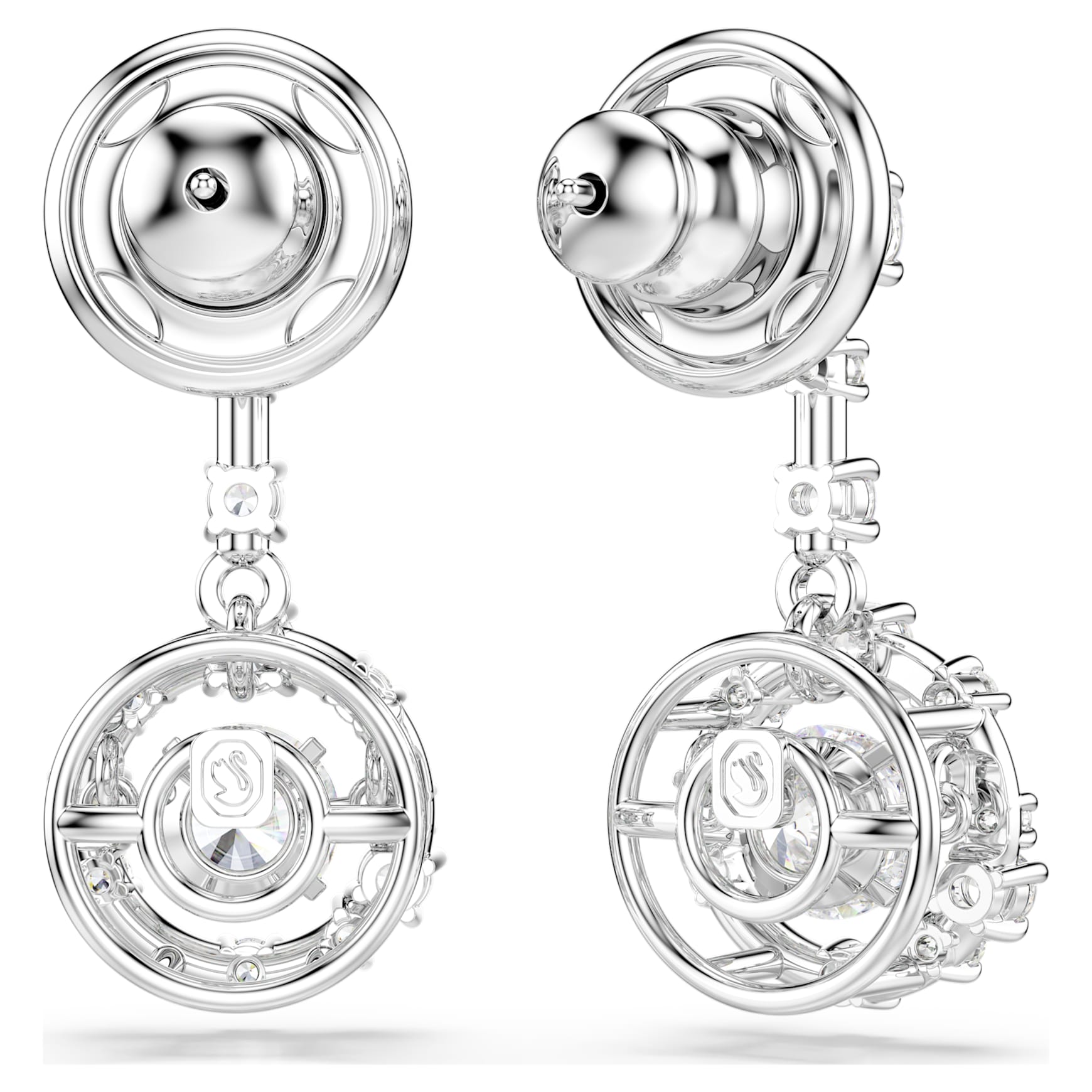 Constella drop earrings, Round cut, Dancing stone, White, Rhodium plated by SWAROVSKI