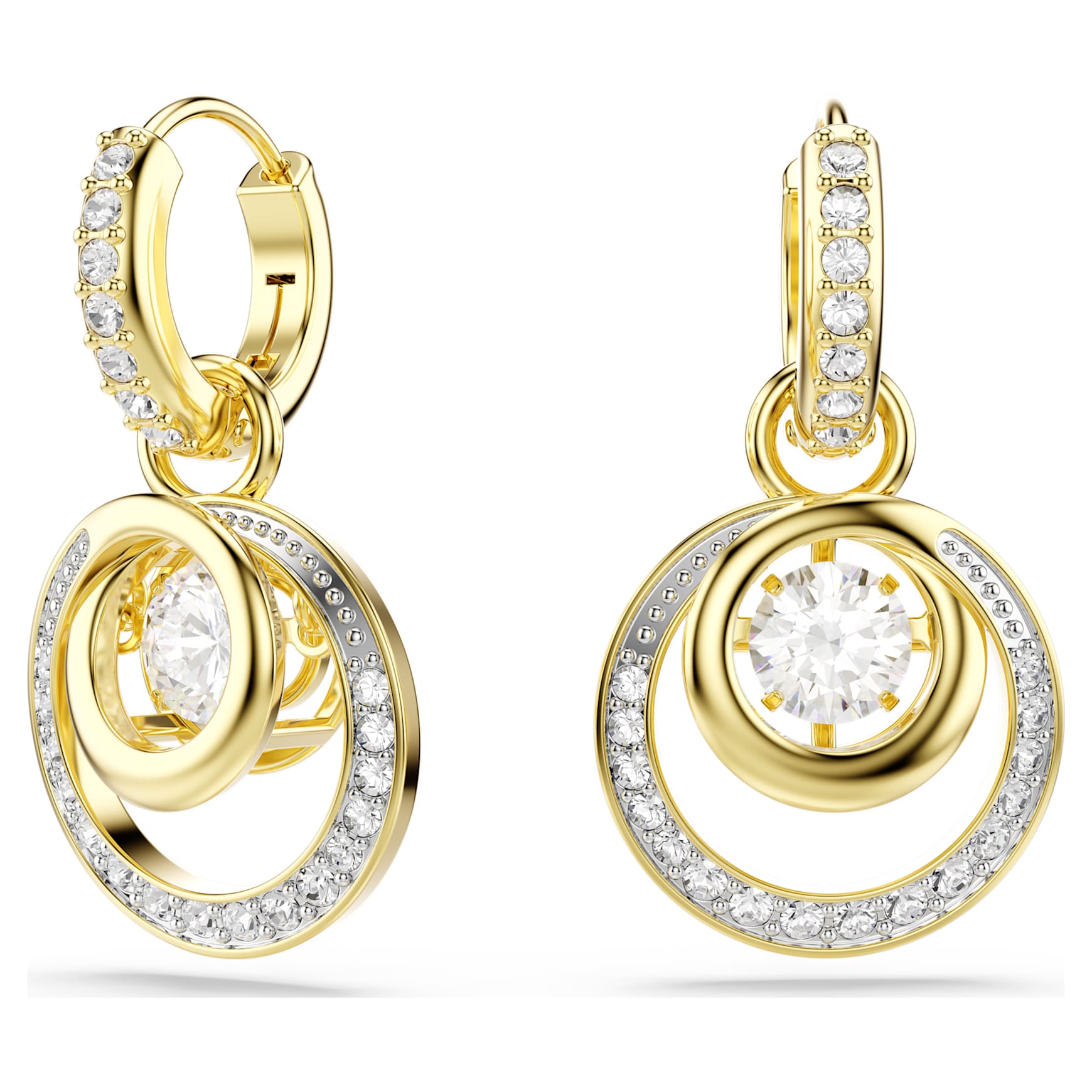 Hyperbola drop earrings, Round cut, White, 18K gold finish