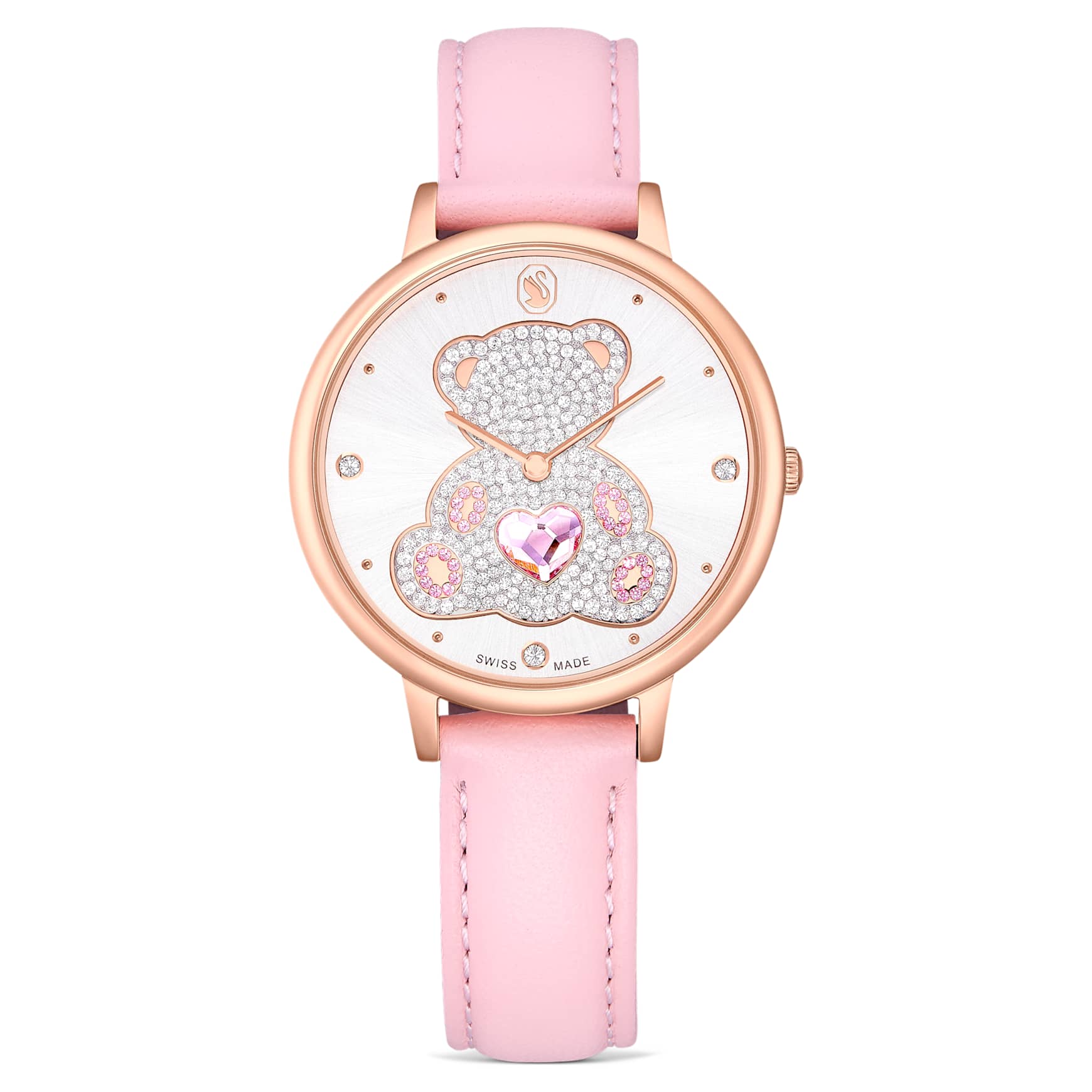 Teddy watch, Swiss Made, Leather strap, Pink, Rose gold-tone finish by SWAROVSKI