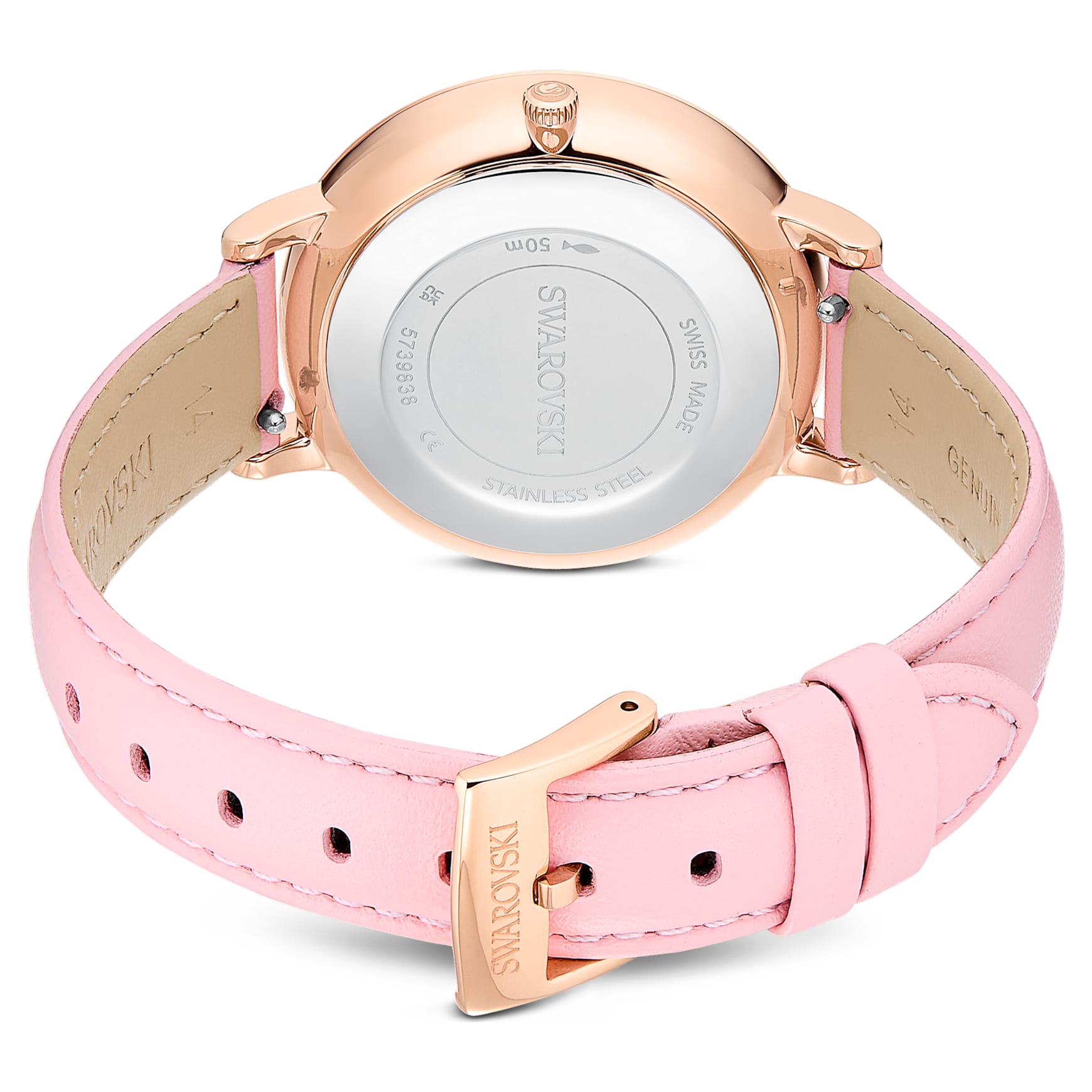 Teddy watch, Swiss Made, Leather strap, Pink, Rose gold-tone finish by SWAROVSKI