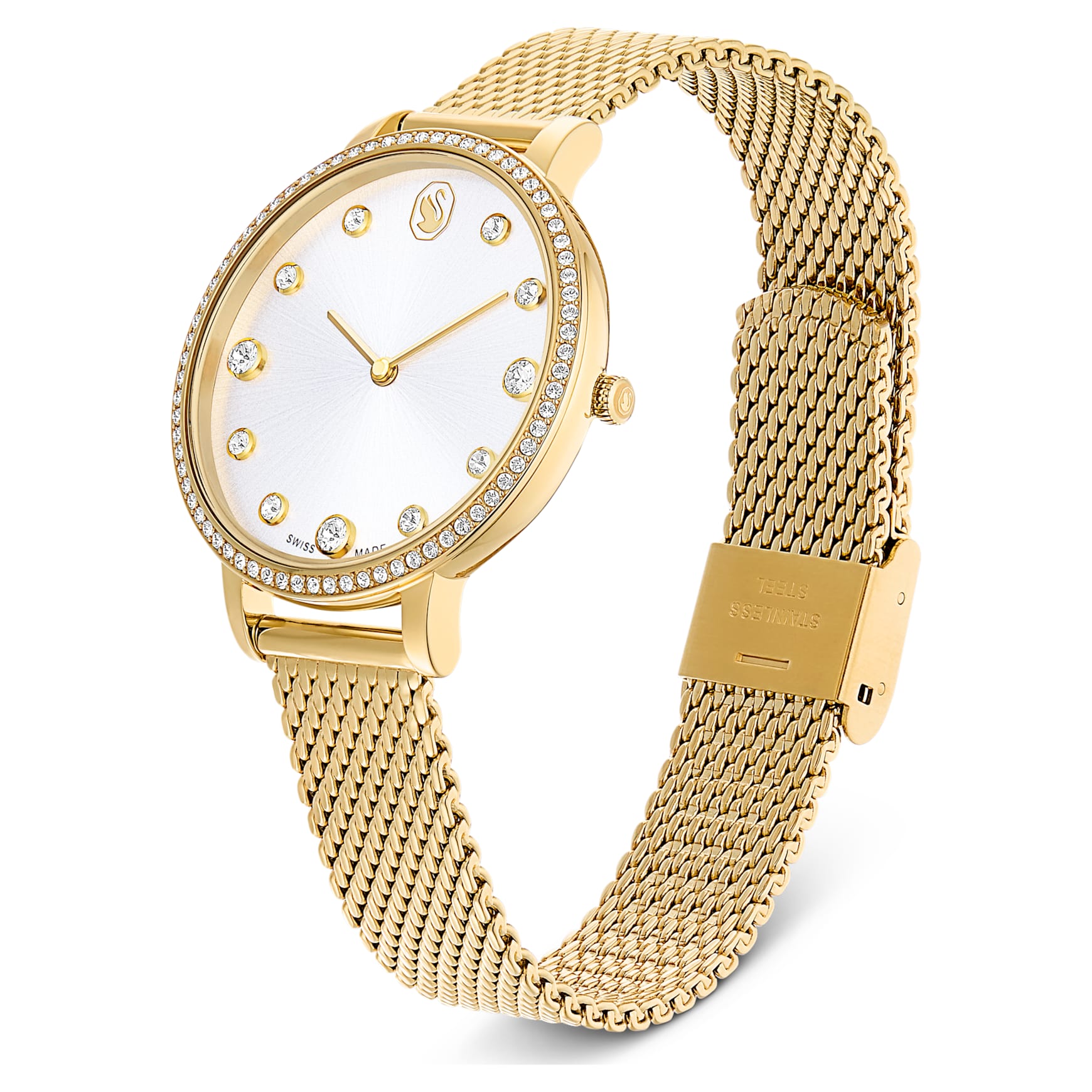 Clarica watch, Swiss Made, Metal bracelet, Gold tone, Gold-tone finish by SWAROVSKI