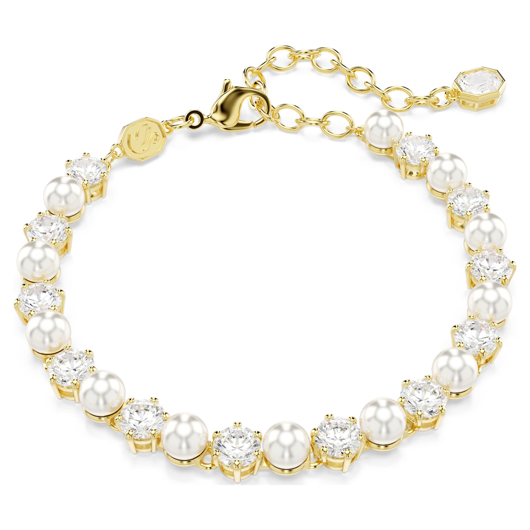 Matrix Tennis bracelet, Crystal pearl, Round cut, White, 18K gold finish