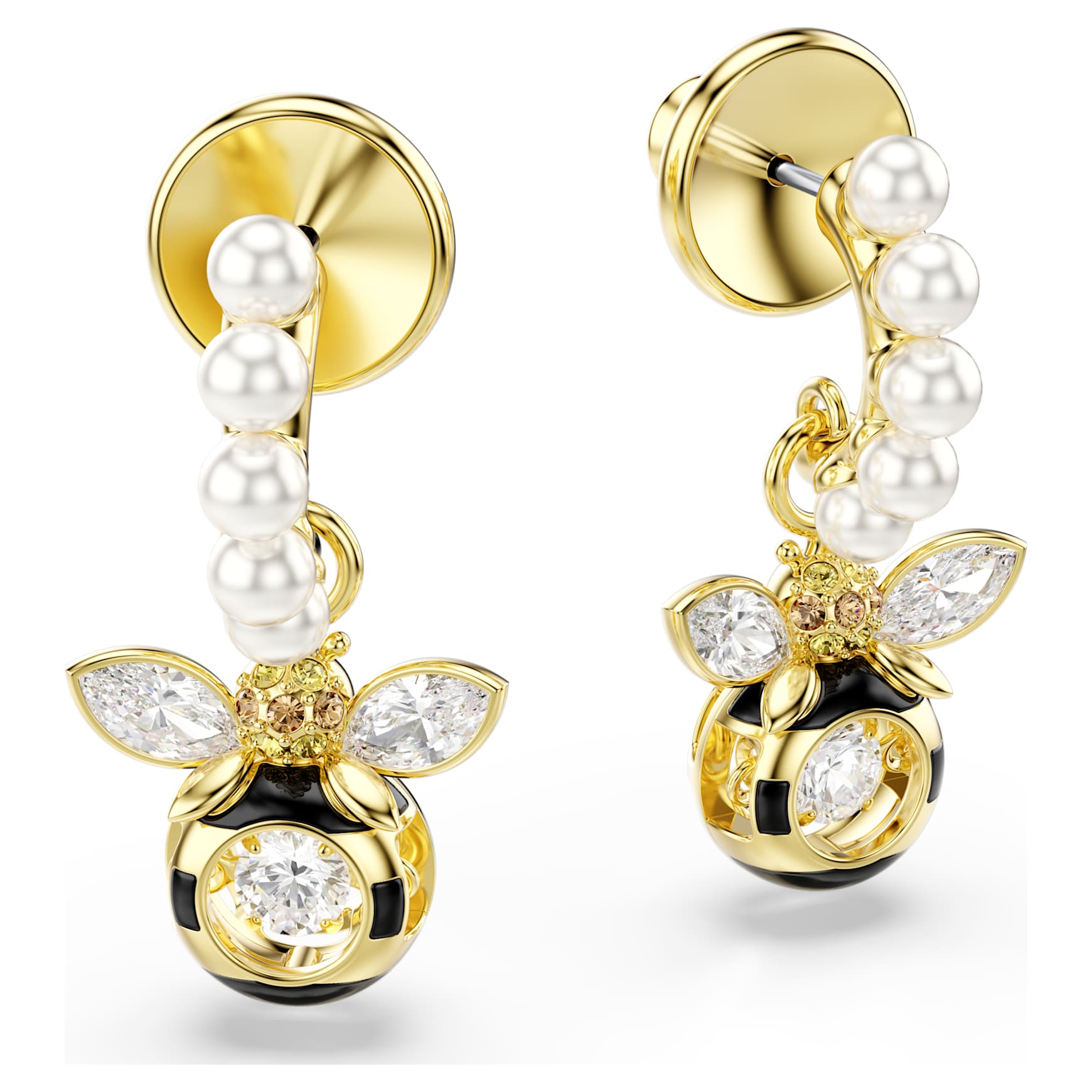 Idyllia drop earrings, Crystal pearl, Mixed cuts, Bee, Multicoloured, 18K gold finish