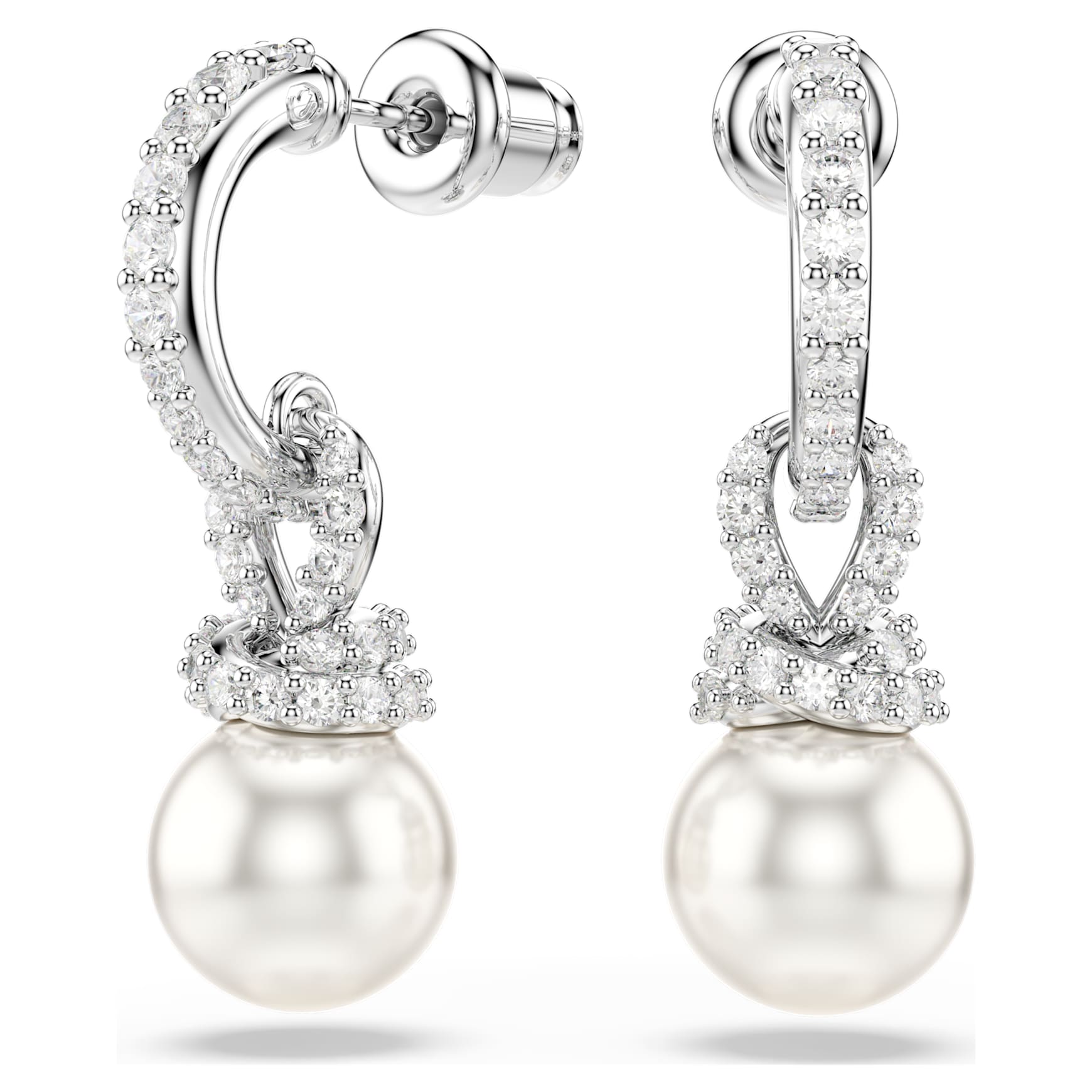 Originally drop earrings, Crystal pearl, Pavé, White, Rhodium plated by SWAROVSKI