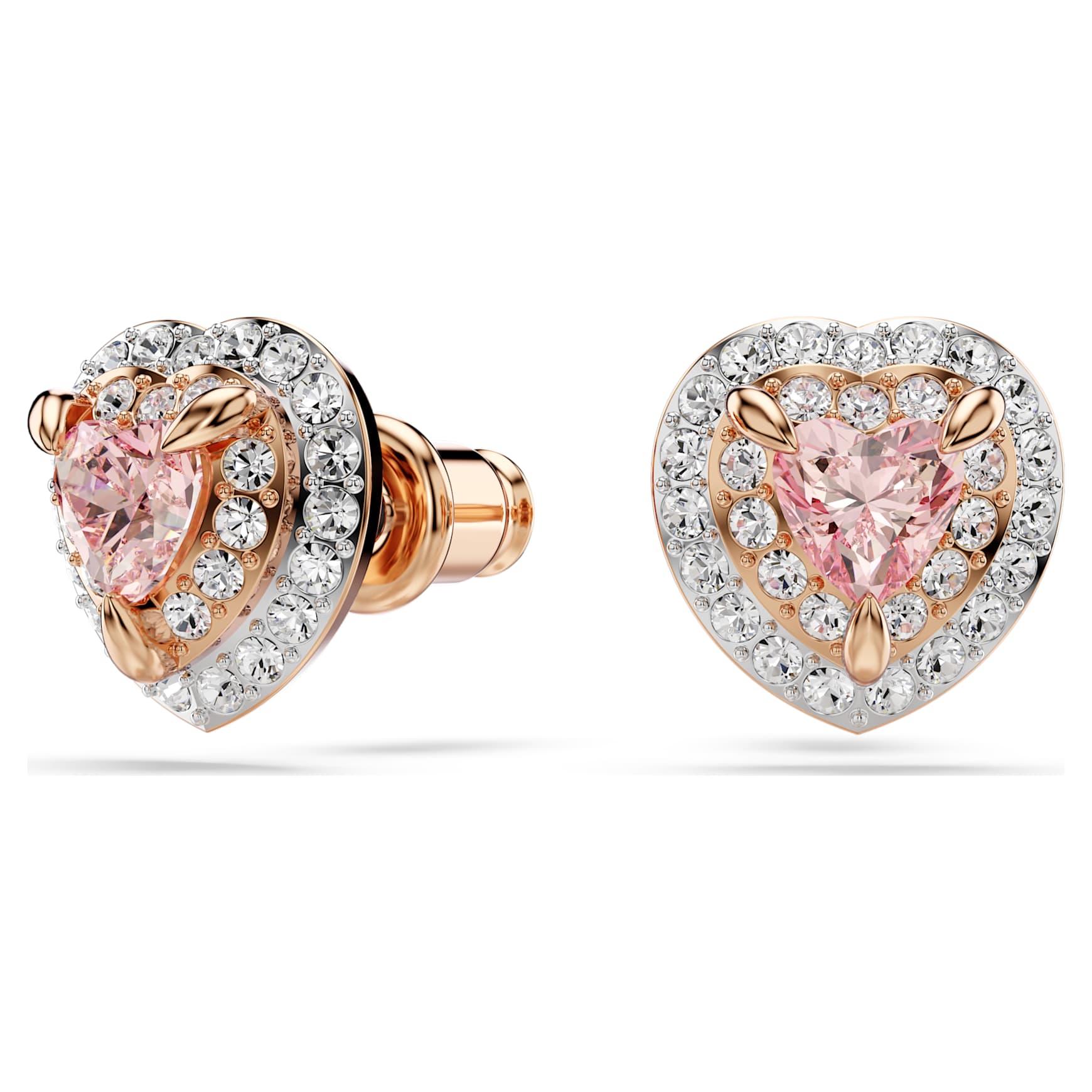 One stud earrings, Heart cut, Pavé, Heart, Pink, 18K rose gold finish