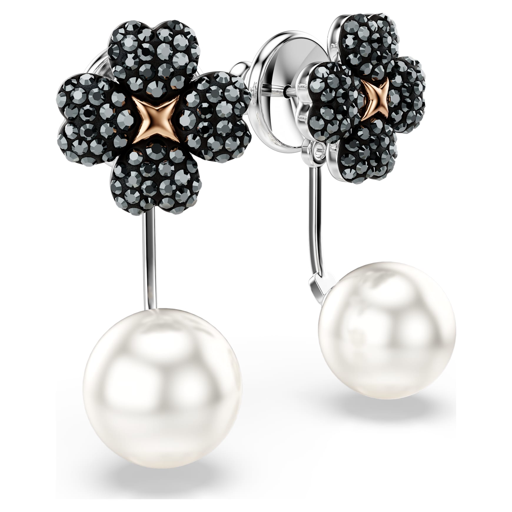 Latisha earrings, Pavé, Clover, Black, Mixed metal finish by SWAROVSKI