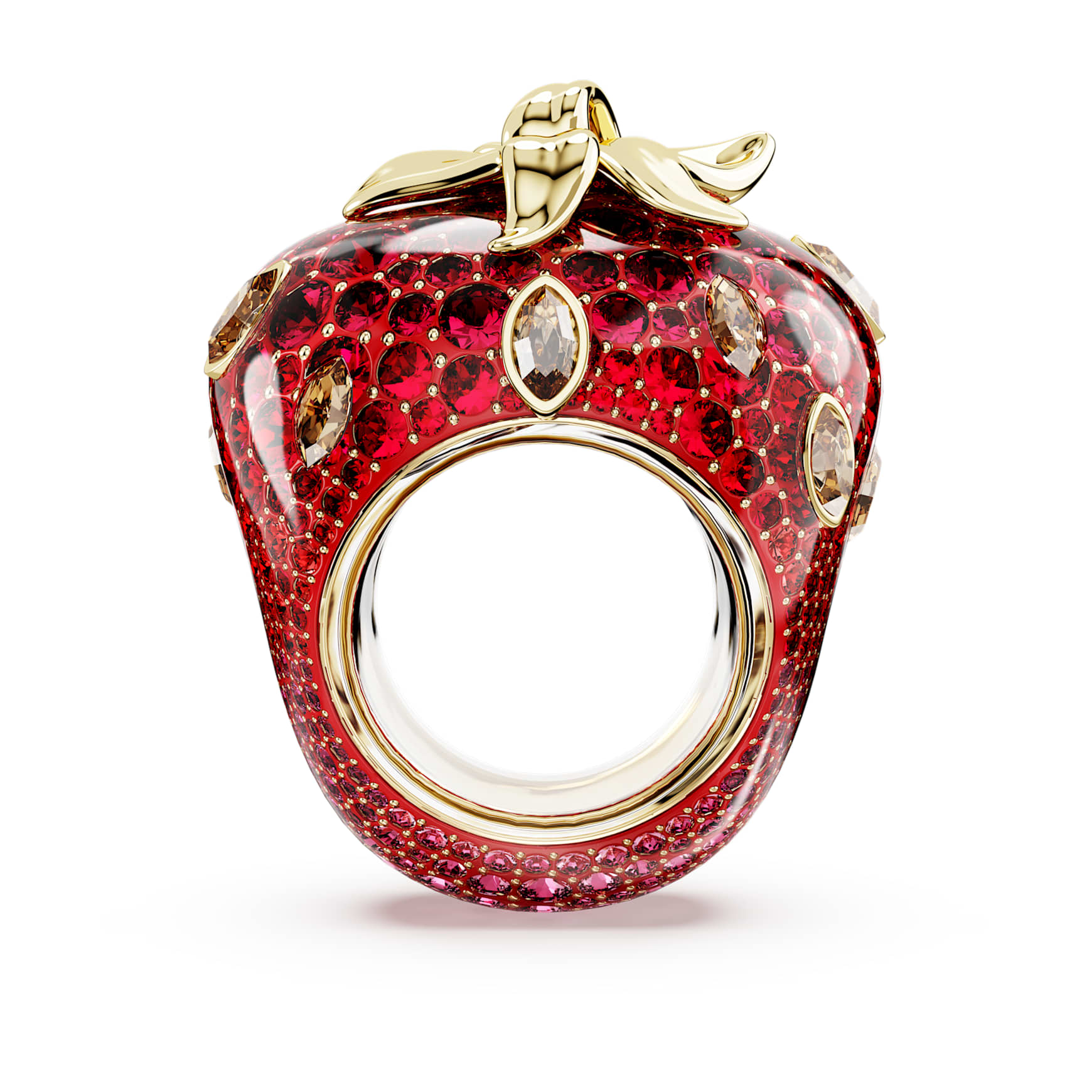 Idyllia motif ring, Mixed cuts, Strawberry, Red, 18K gold finish