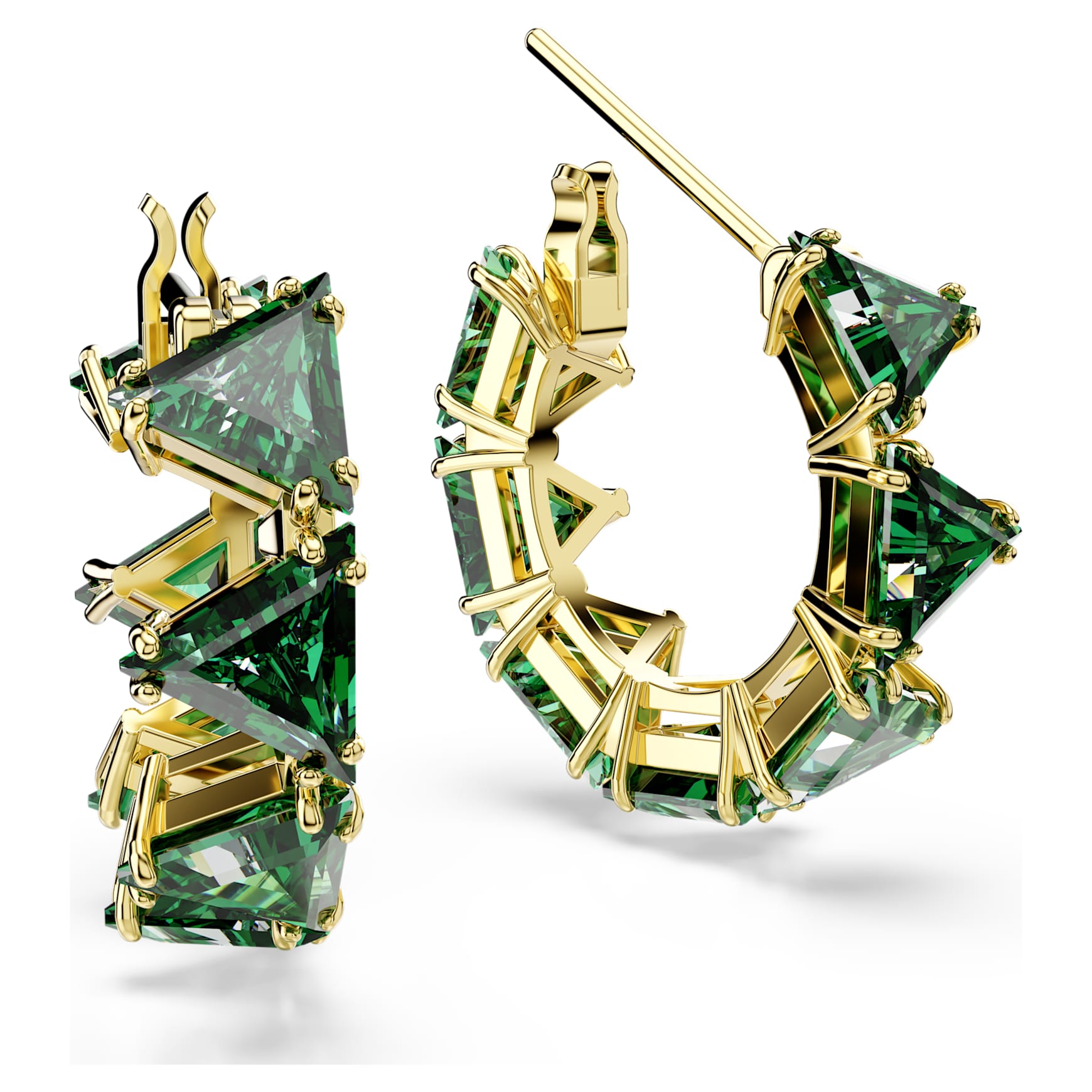 Matrix hoop earrings, Triangle cut, Triangle, Mini, Green, Gold-tone plated by SWAROVSKI