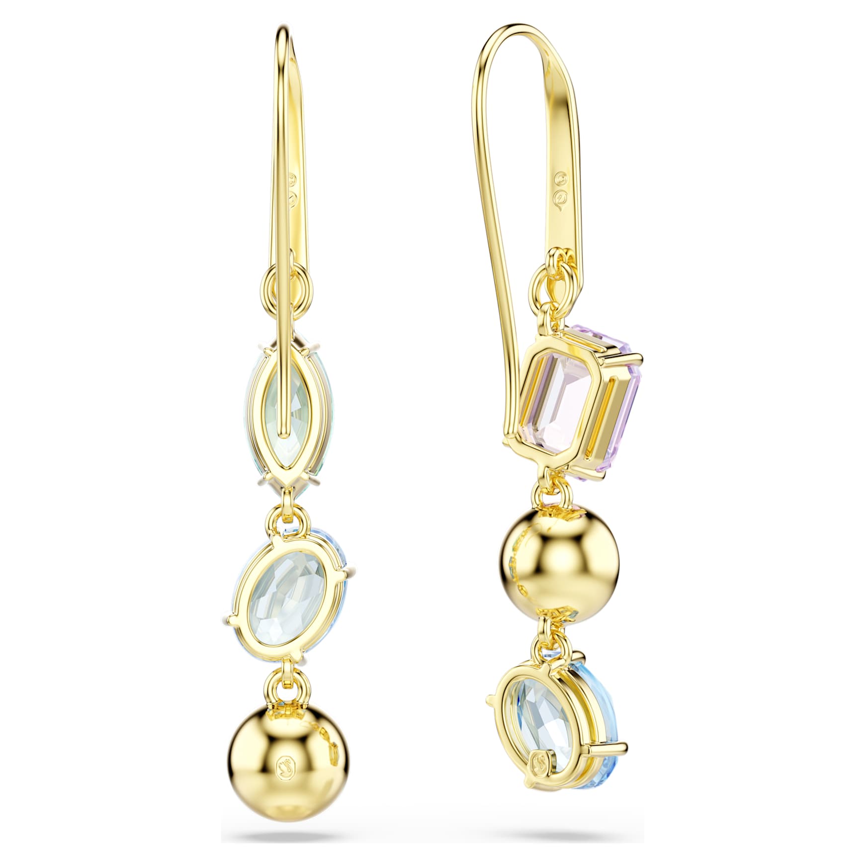 Gema drop earrings, Asymmetrical design, Mixed cuts, Multicoloured, 18K gold finish
