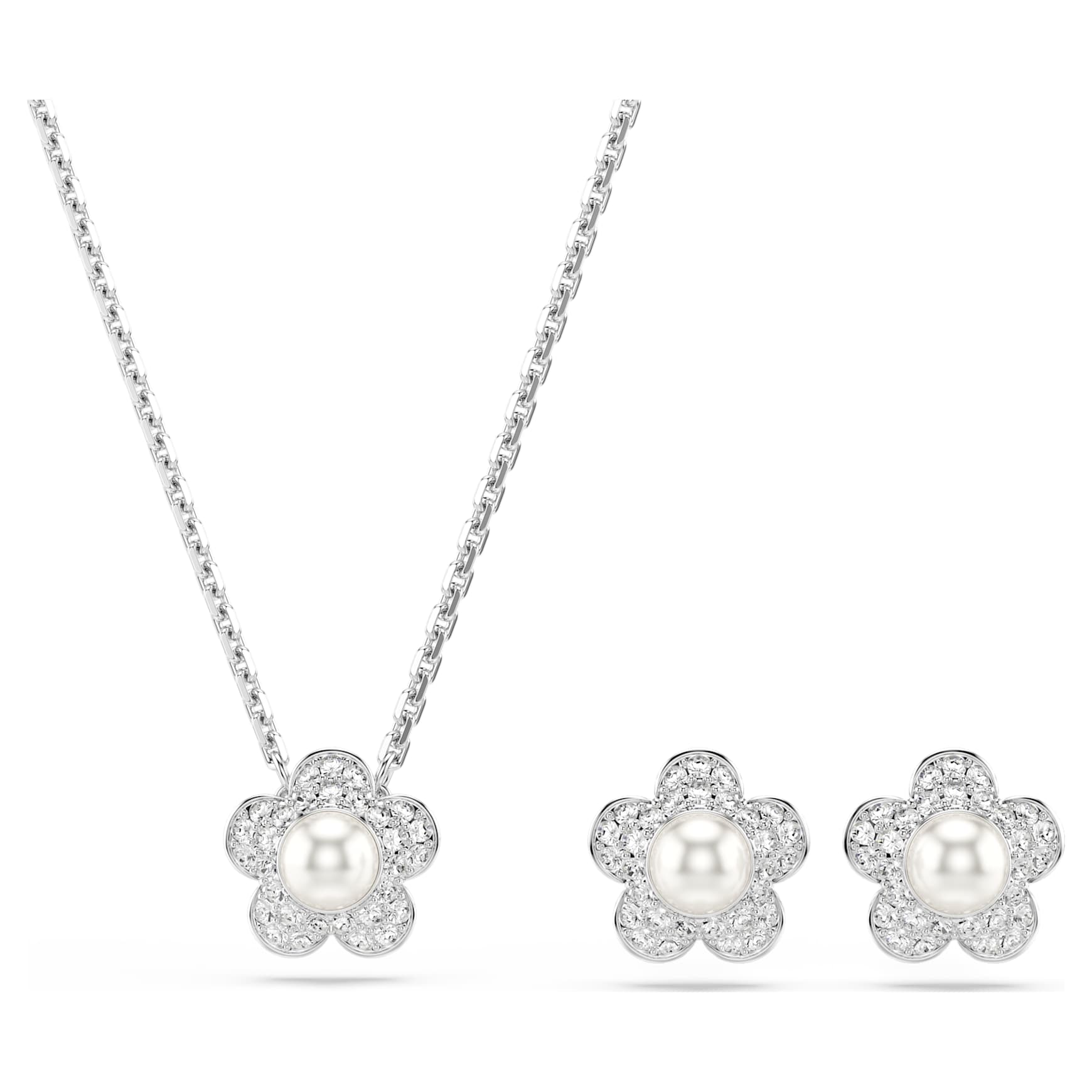 Ariana Grande x Swarovski set, Crystal pearl, Round cut, Flower, White, Rhodium plated by SWAROVSKI