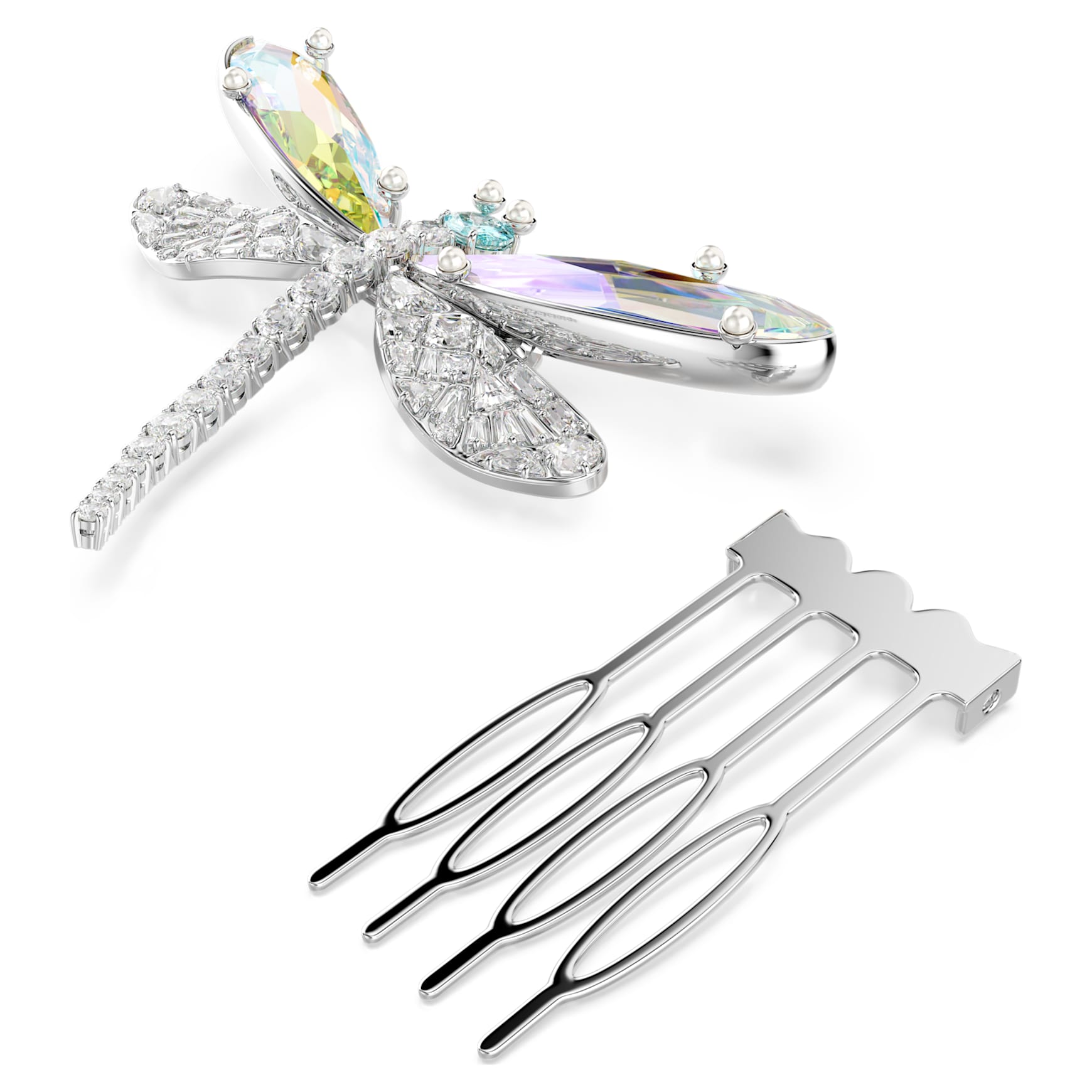 Ariana Grande x Swarovski brooch and hair accessory, Crystal pearl, Mixed cuts, Dragonfly, White, Rhodium plated by SWAROVSKI