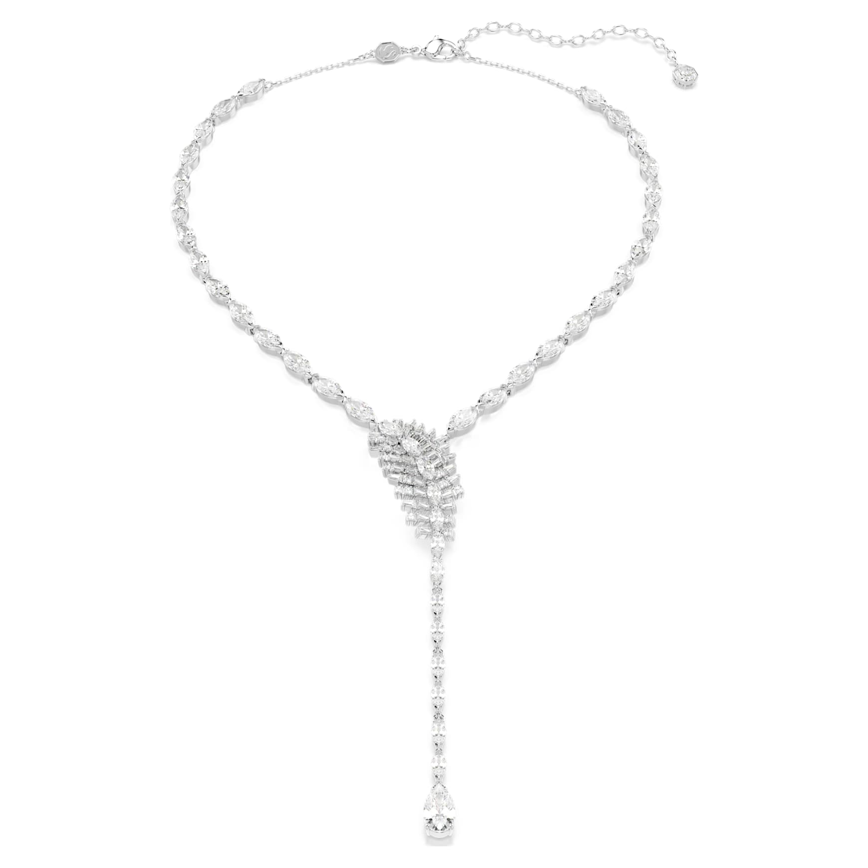 Vienna Y necklace, Mixed cuts, Feather, White, Rhodium plated