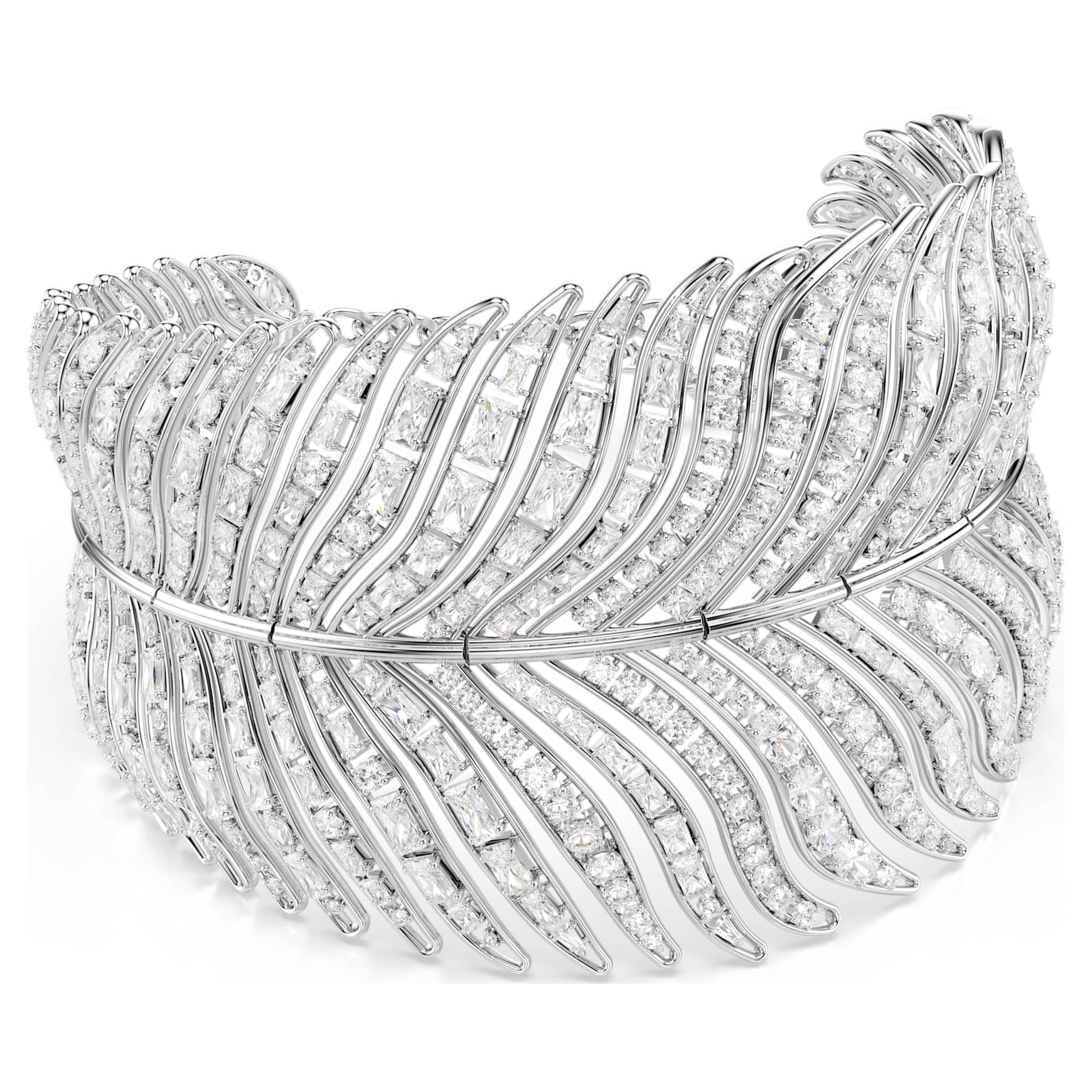 Vienna choker, Mixed cuts, Feather, White, Rhodium plated