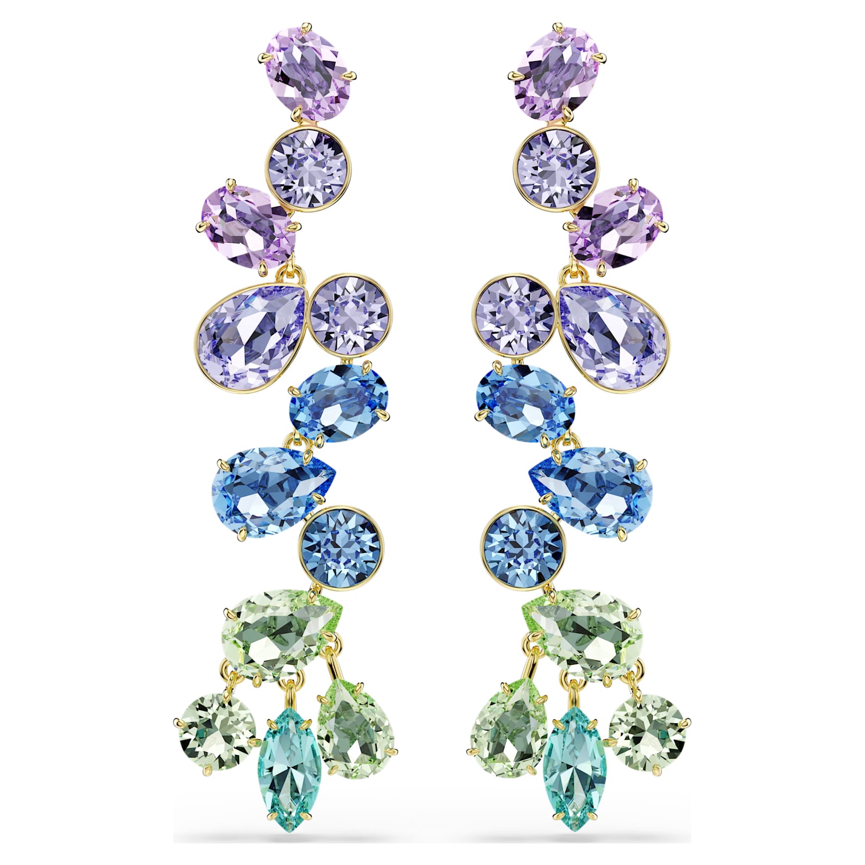 Gema drop earrings, Mixed cuts, Chandelier, Long, Multicoloured, 18K gold finish