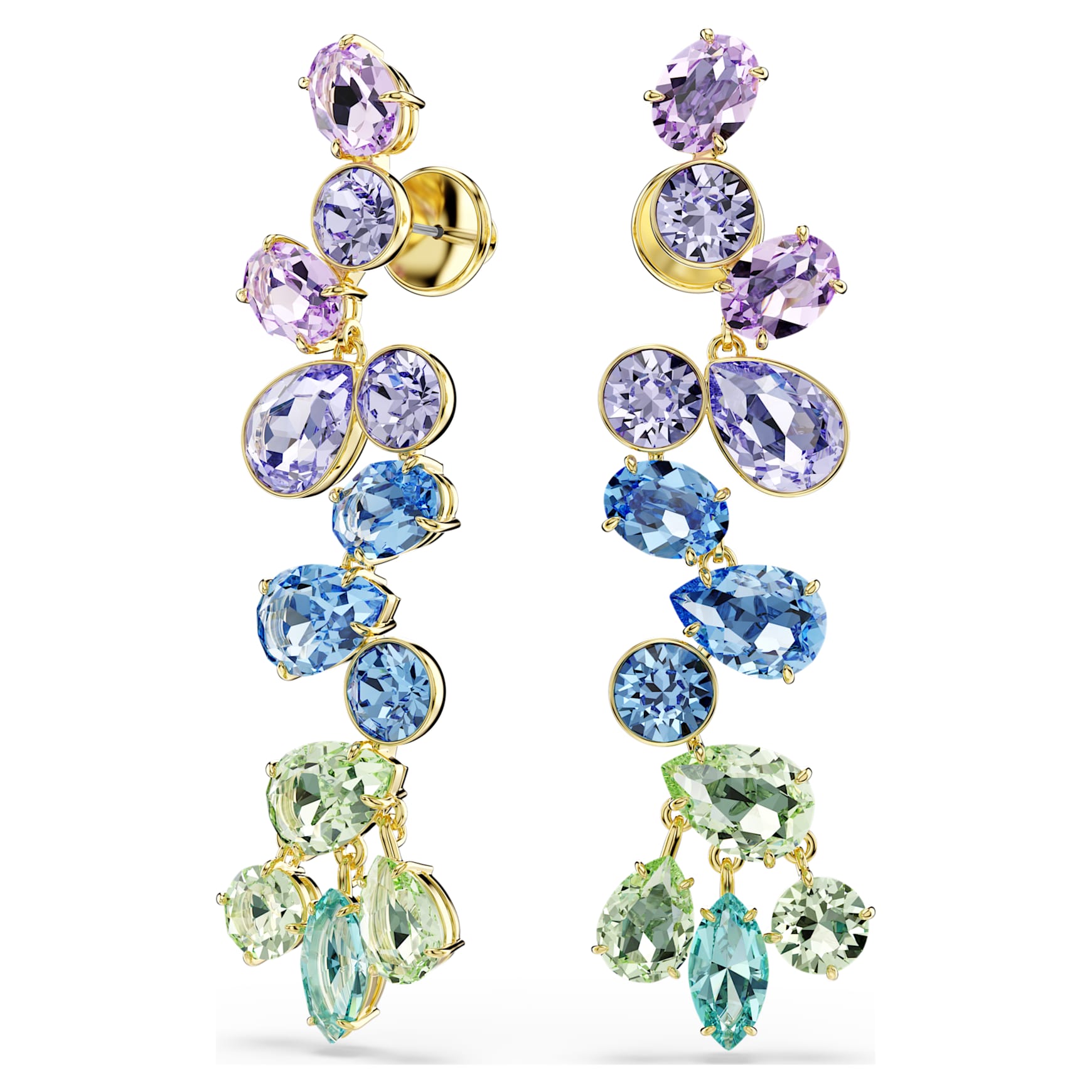 Gema drop earrings, Mixed cuts, Chandelier, Long, Multicoloured, 18K gold finish