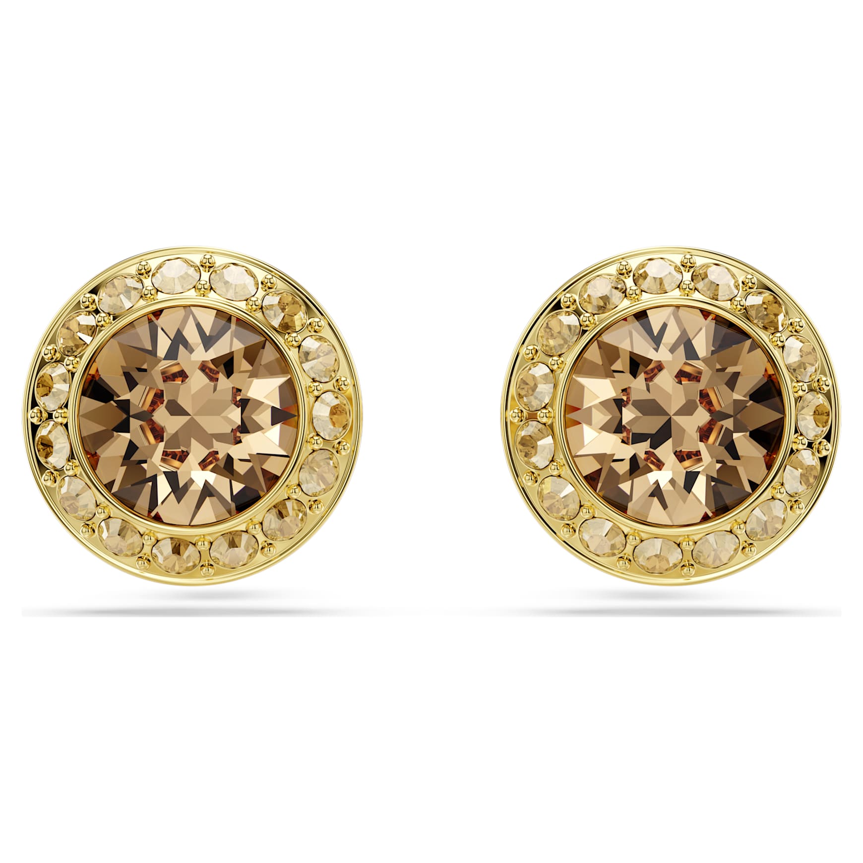 Una Angelic stud earrings, Round cut, Caramel, 18K gold finish