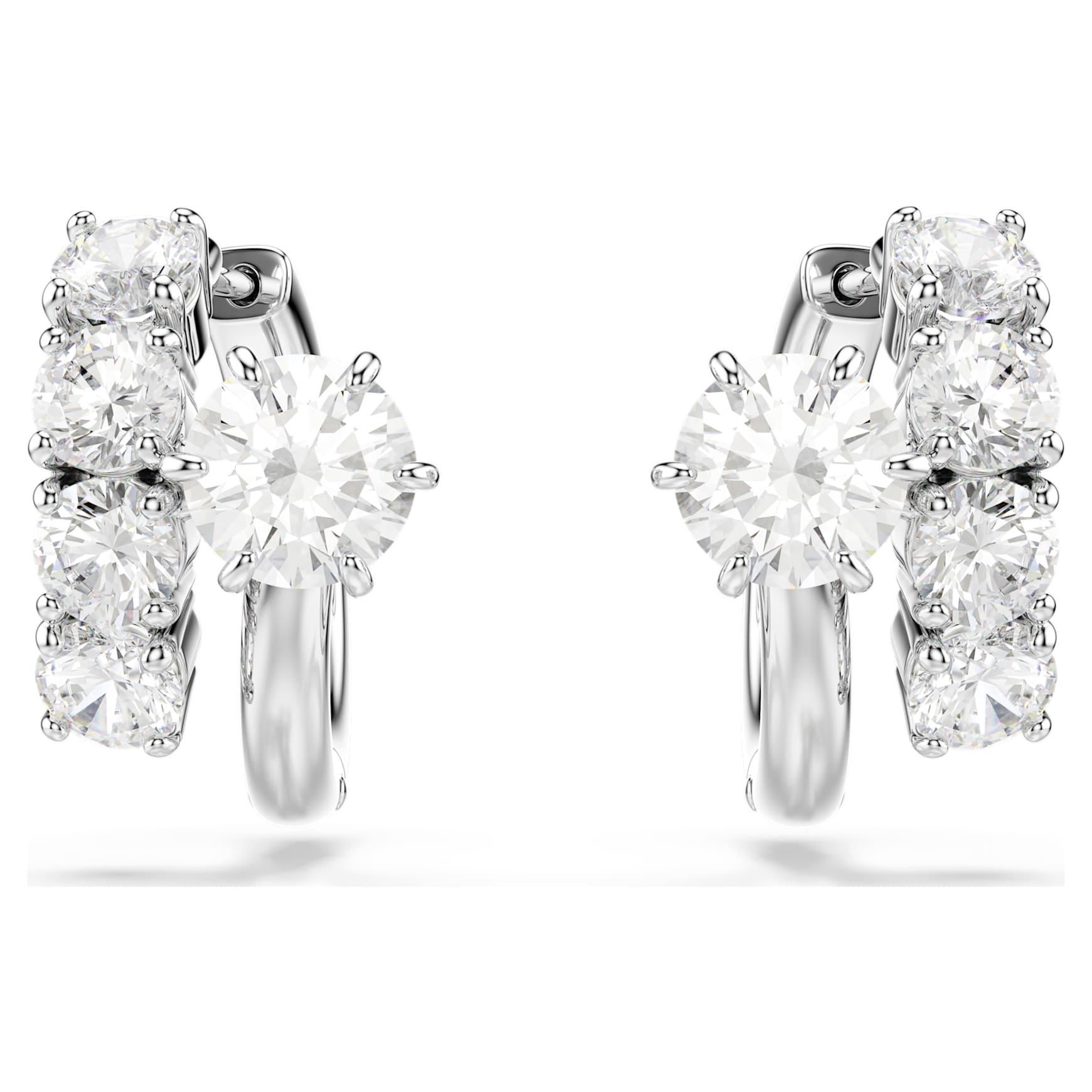 Matrix hoop earrings, Round cut, White, Rhodium plated