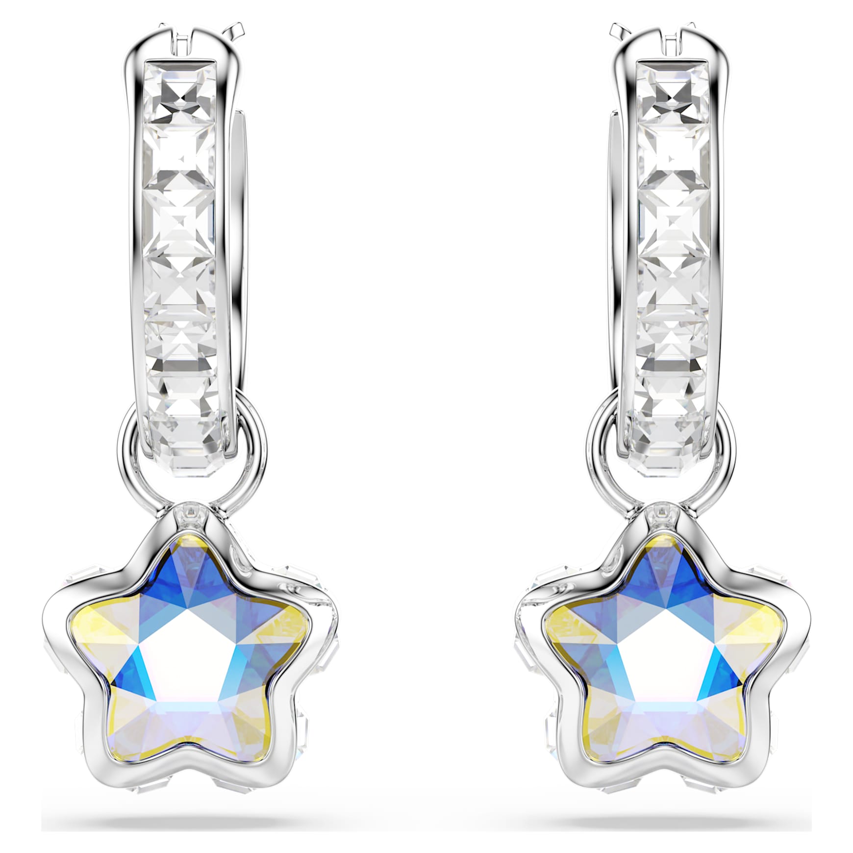 Chroma drop earrings, Mixed cuts, Star, White, Rhodium plated
