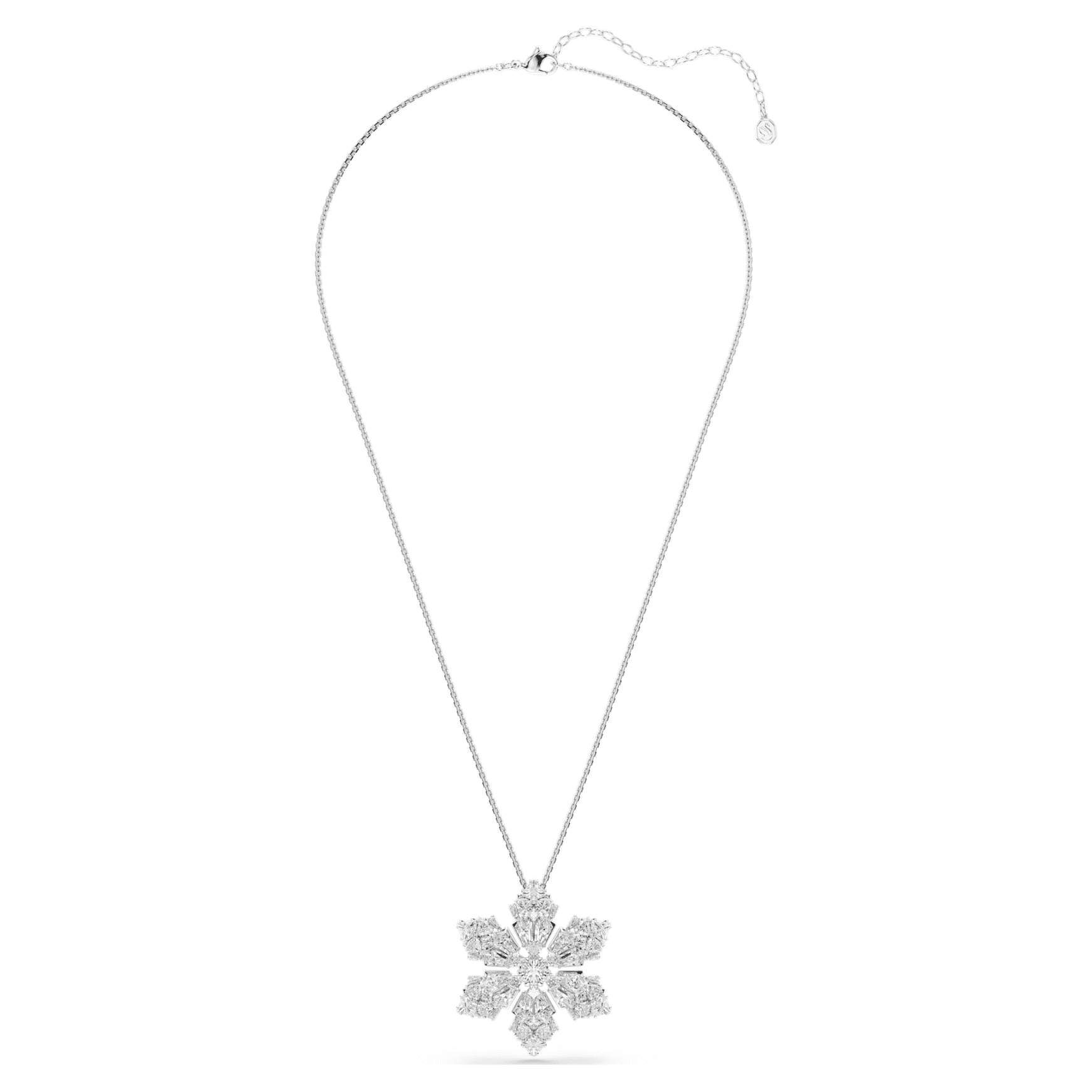Idyllia pendant and brooch, Mixed cuts, Snowflake, White, Rhodium plated