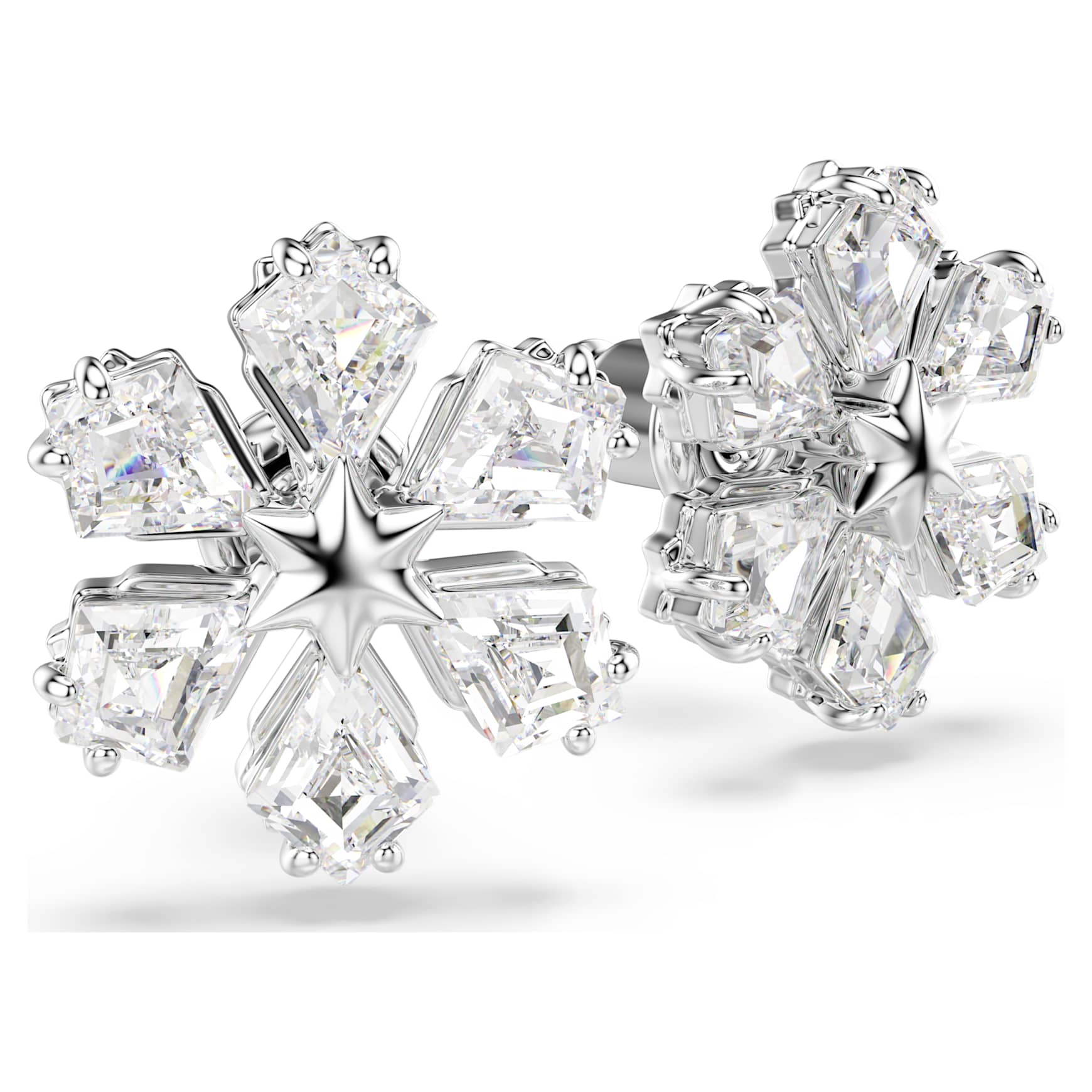 Idyllia stud earrings, Mixed cuts, Snowflake, White, Rhodium plated
