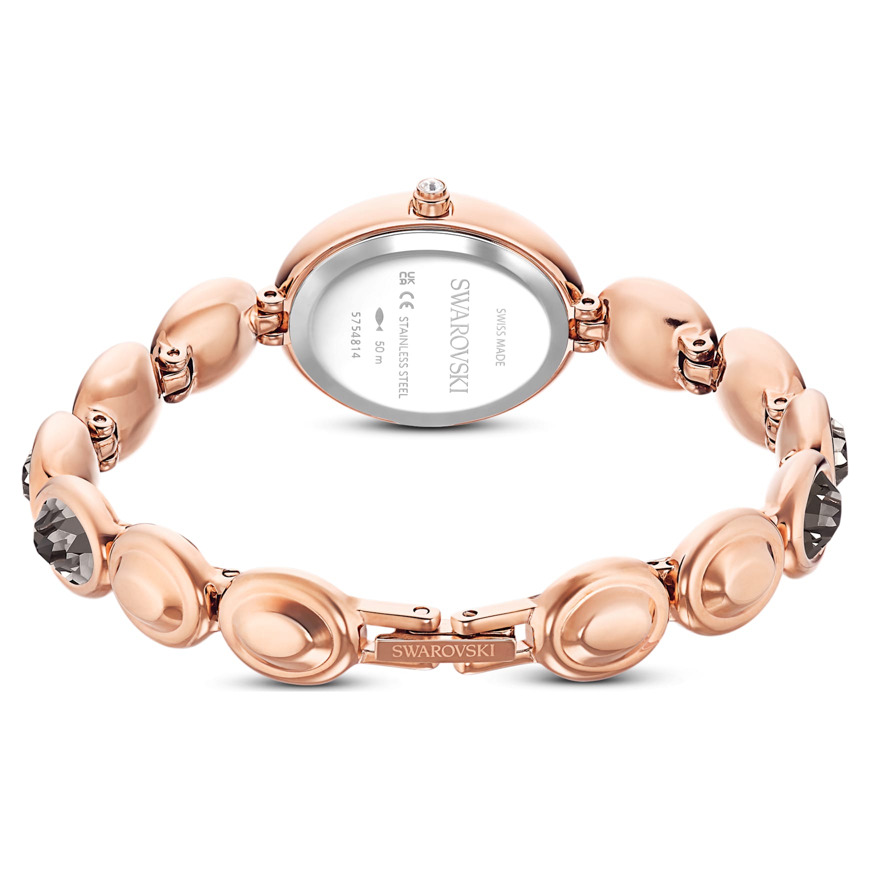 Imber oval watch, Swiss Made, Metal bracelet, Black, Rose gold-tone finish