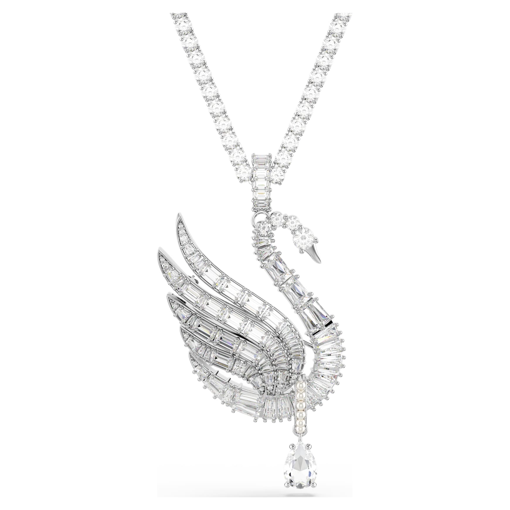 Vienna pendant and brooch, Mixed cuts, Swan, White, Rhodium plated