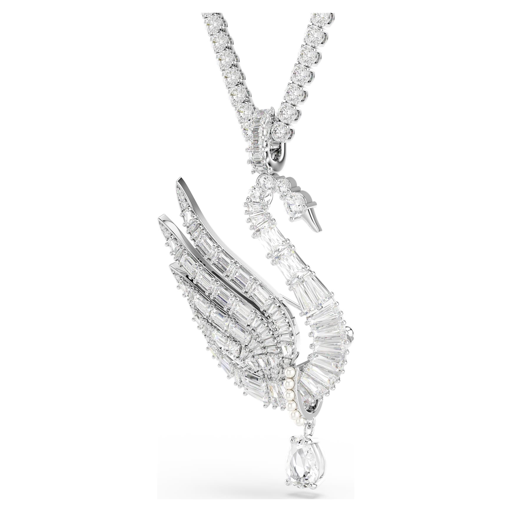 Vienna pendant and brooch, Mixed cuts, Swan, White, Rhodium plated