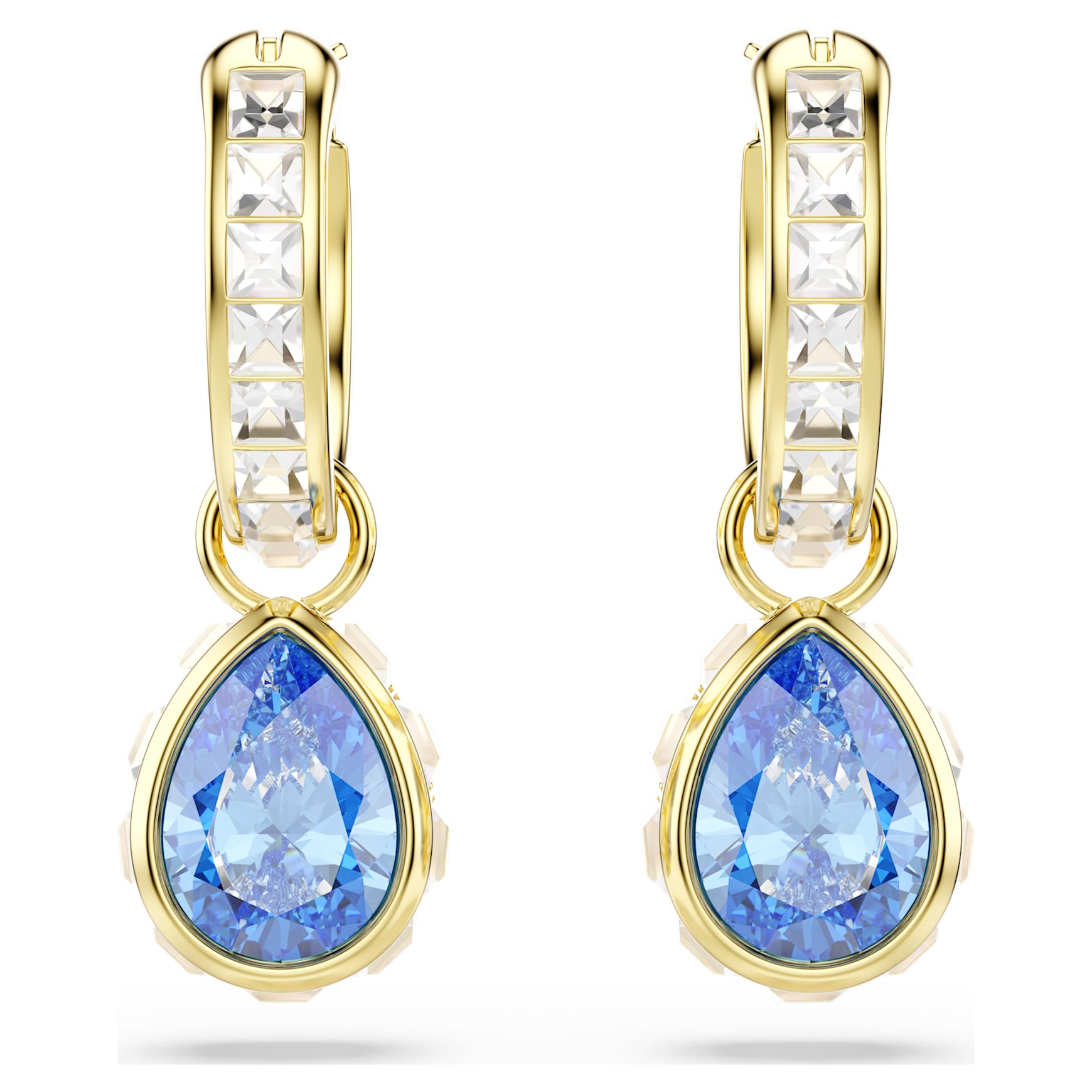 Chroma drop earrings, Pear cut, Blue, 18K gold finish