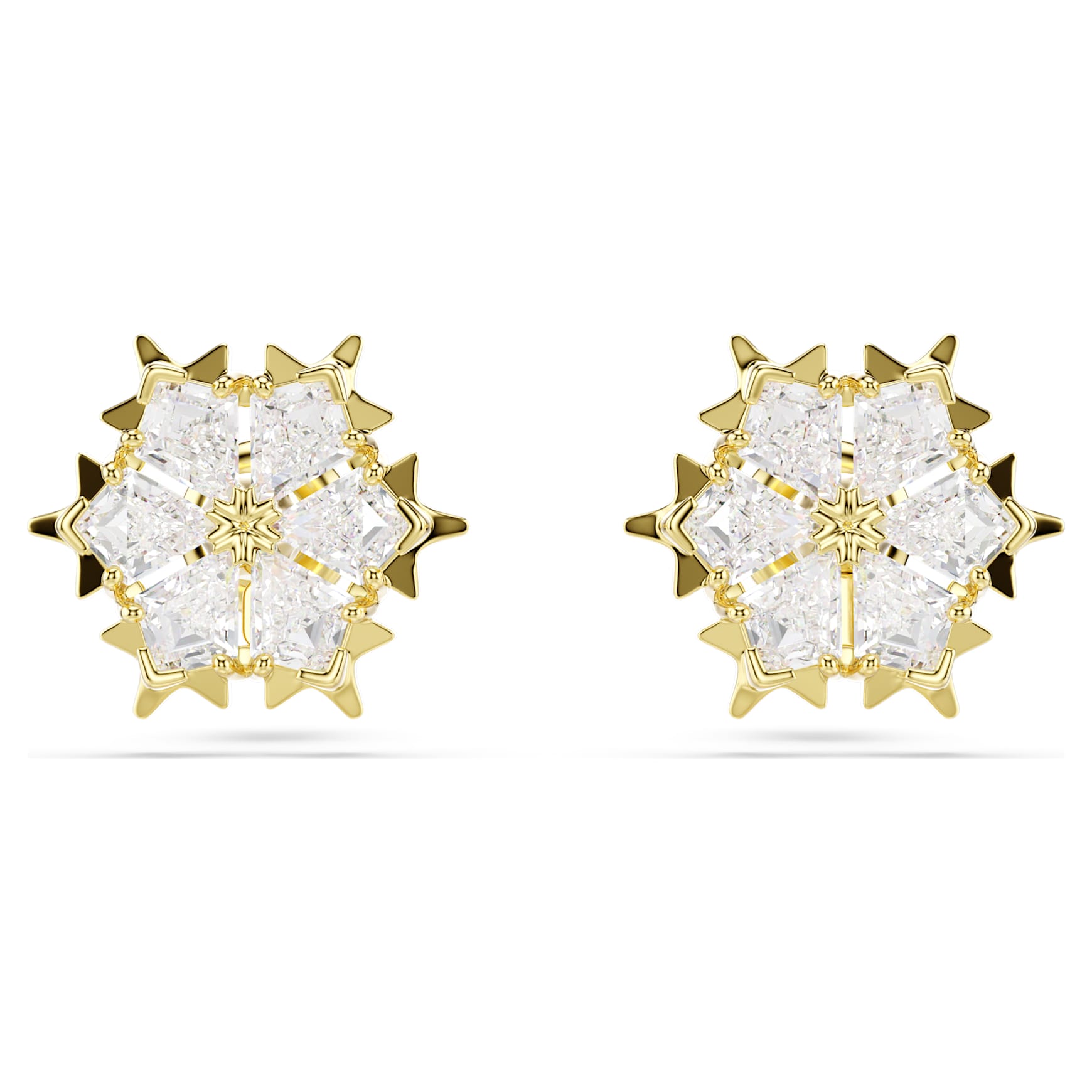 Magic stud earrings, Mixed cuts, Snowflake, White, 18K gold finish