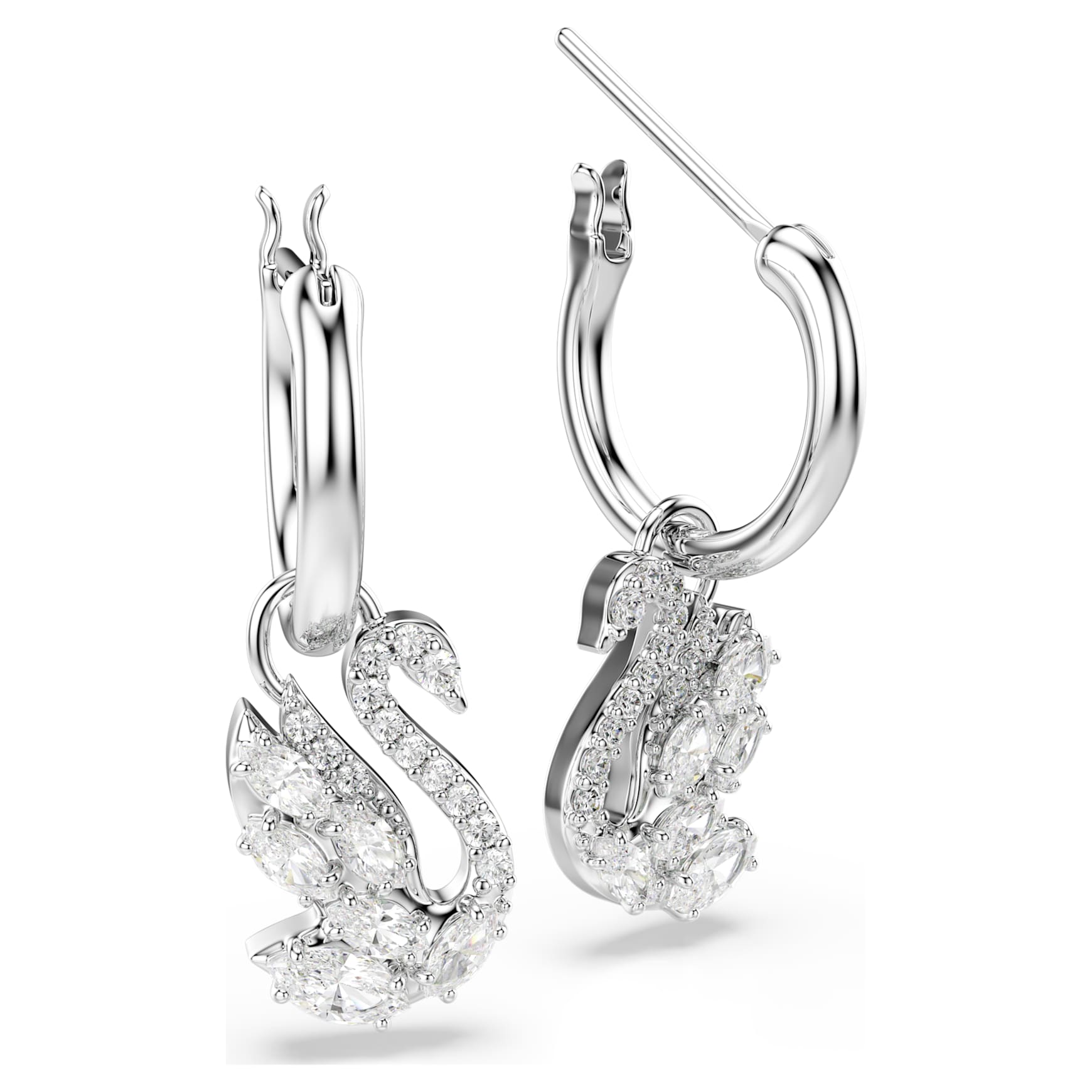 Swan drop earrings, Mixed cuts, Swan, White, Rhodium plated
