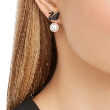 Swarovski Iconic Swan 耳托耳环, 天鹅, 黑色, 镀玫瑰金色调 - Swarovski, 5193949