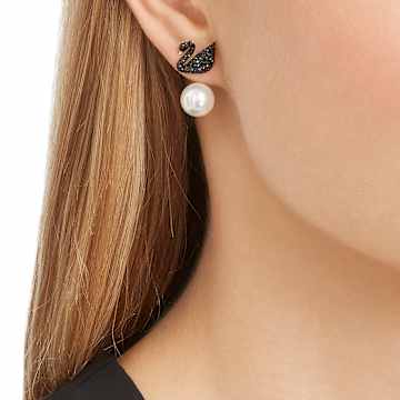 Uhani Swarovski Iconic Swan, Labod, Črna, Prevleka rožnato zlatega odtenka - Swarovski, 5193949