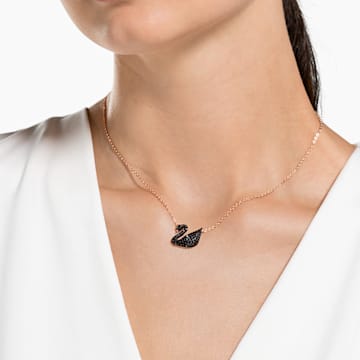 Swarovski Iconic Swan 链坠, 天鹅, 中码, 黑色, 镀玫瑰金色调 - Swarovski, 5204134