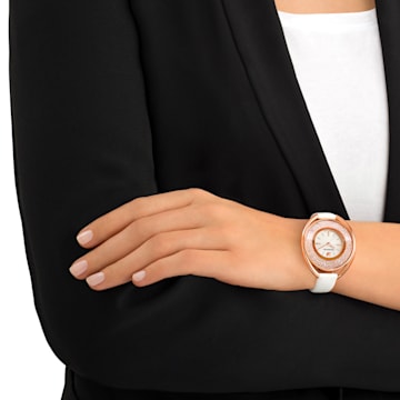 Crystalline Oval watch, Swiss Made, Leather strap, White, Rose gold-tone finish - Swarovski, 5230946